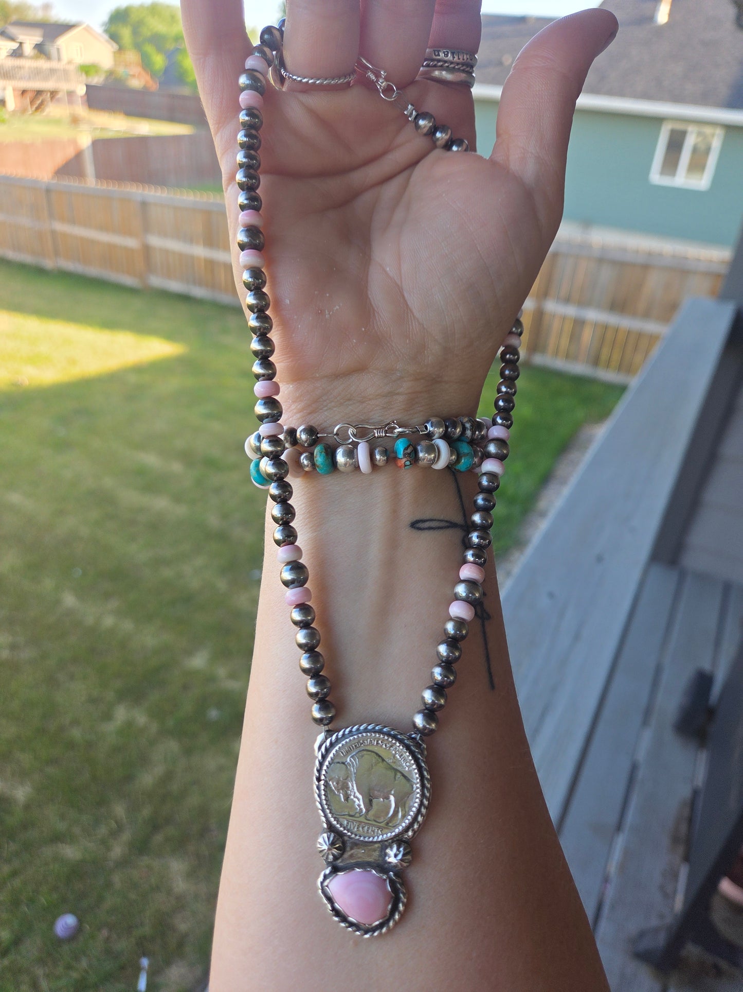 Buffalo Coin • Pink Conch • Sterling Silver Navajo Style Pearl