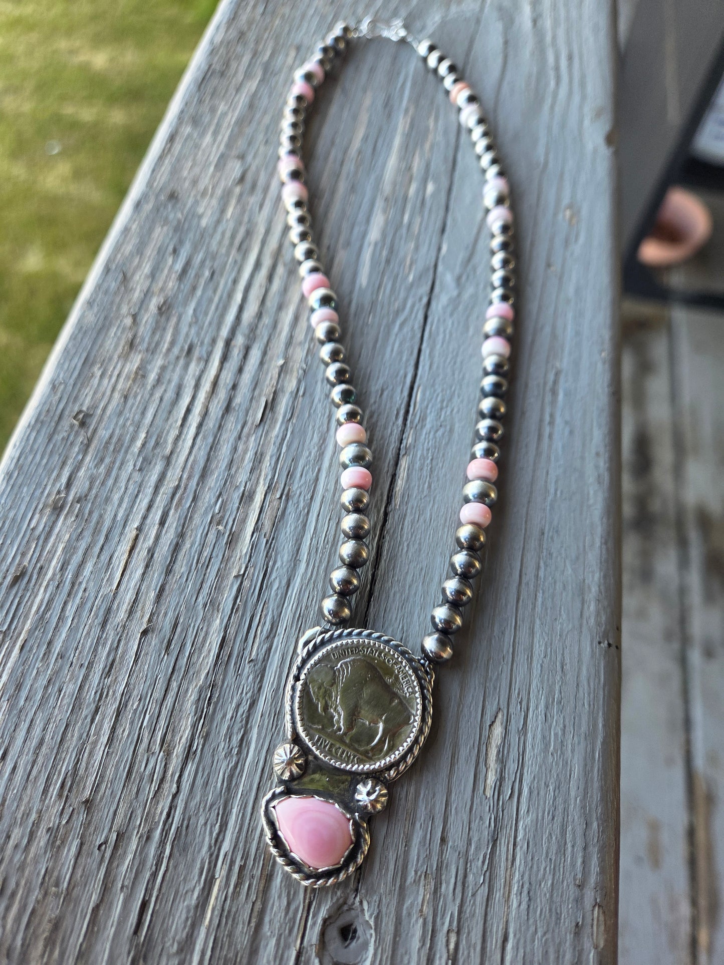 Buffalo Coin • Pink Conch • Sterling Silver Navajo Style Pearl