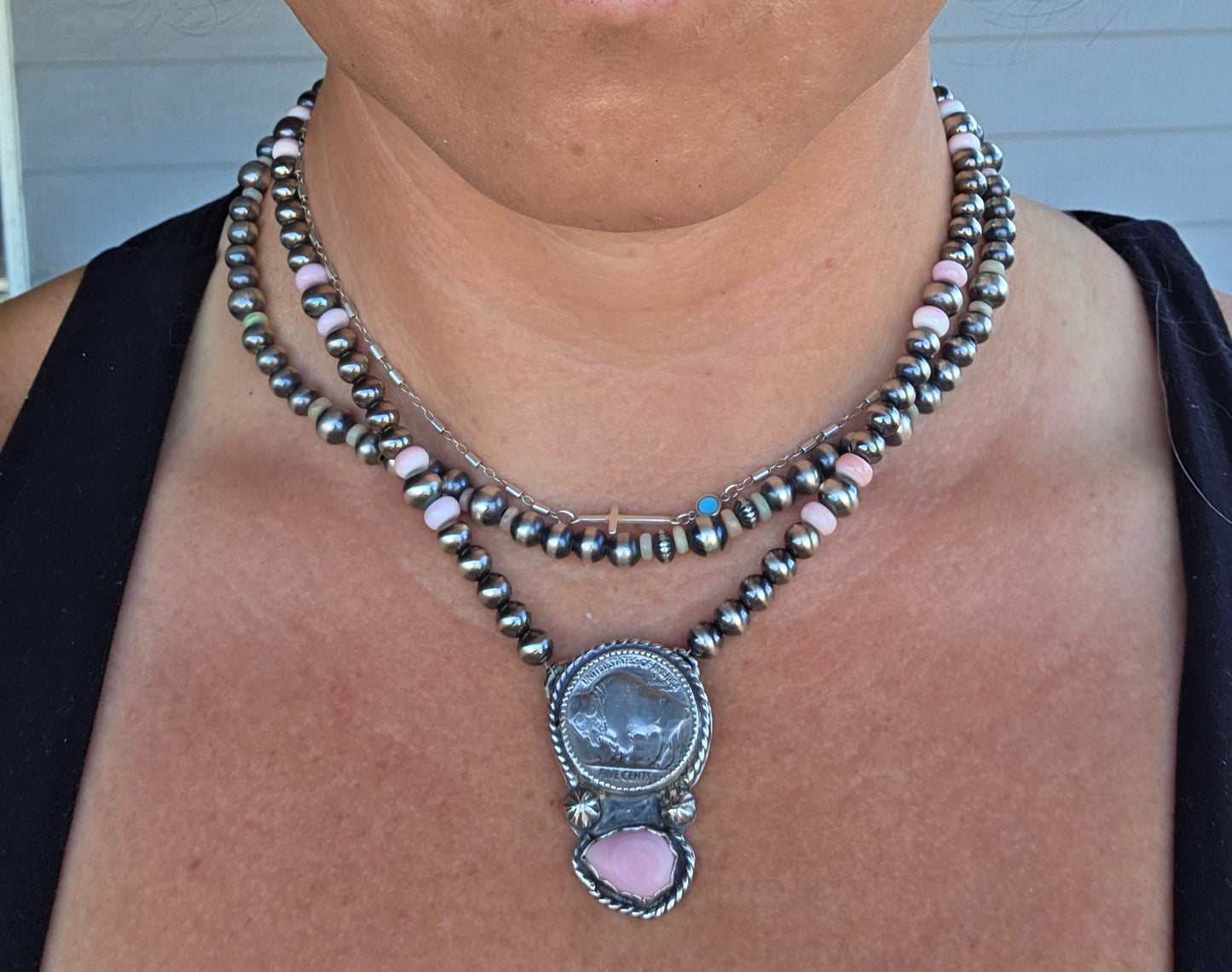 Buffalo Coin • Pink Conch • Sterling Silver Navajo Style Pearl