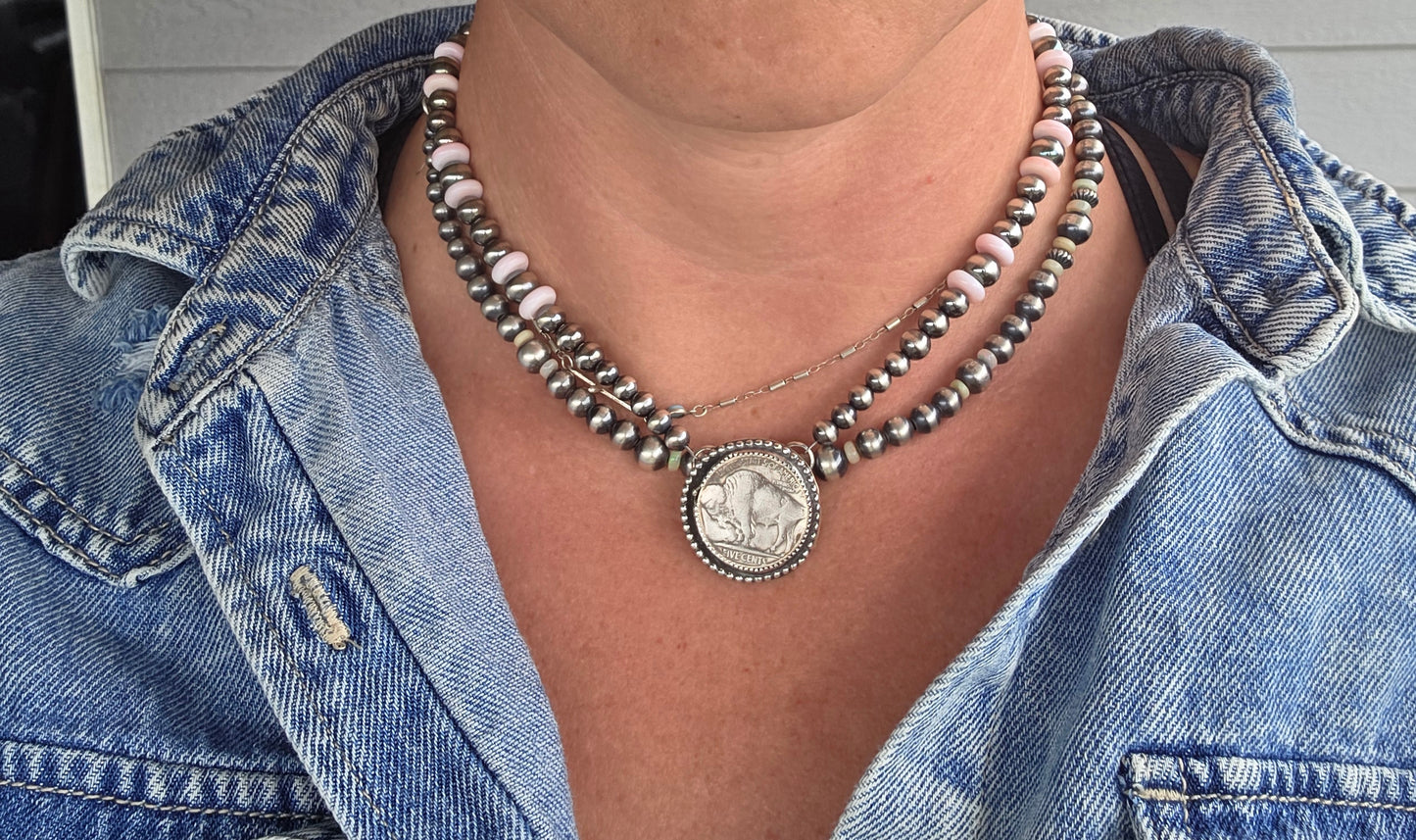 Buffalo Coin • Pink Conch • Sterling Silver Navajo Style Pearl