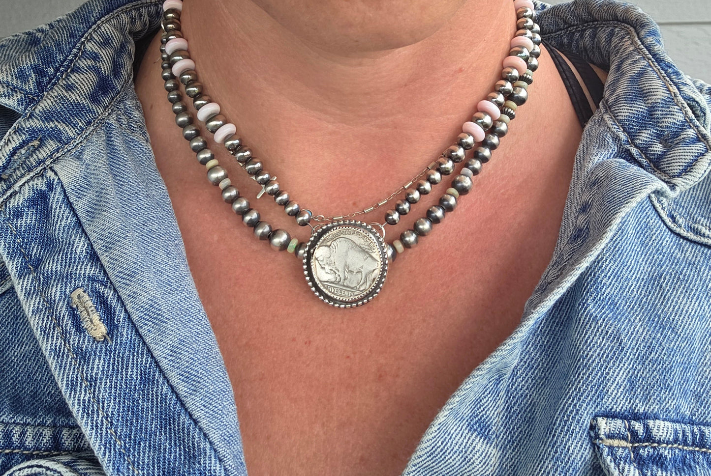 Buffalo Coin • Pink Conch • Sterling Silver Navajo Style Pearl