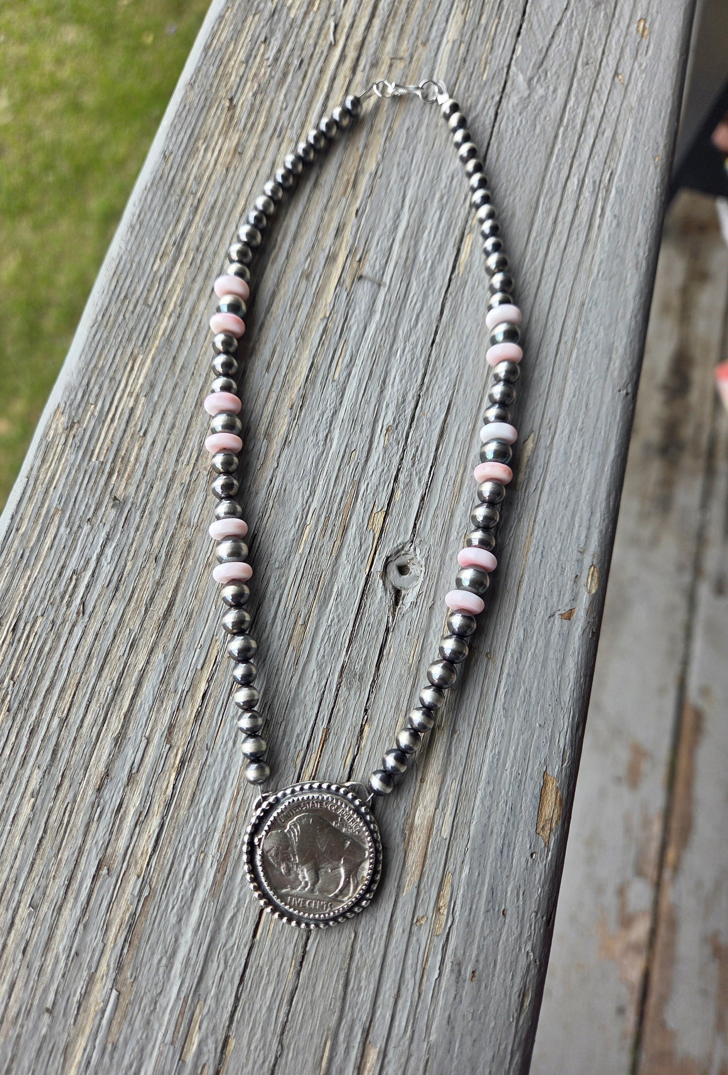 Buffalo Coin • Pink Conch • Sterling Silver Navajo Style Pearl