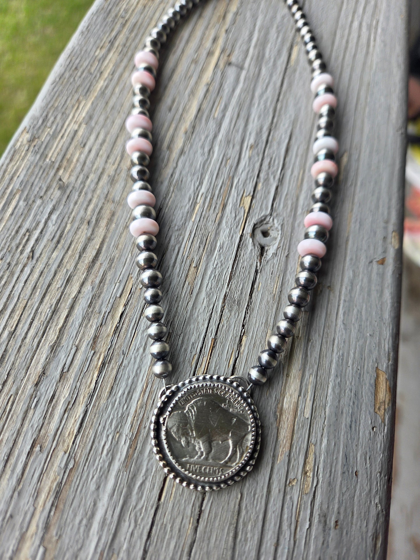 Buffalo Coin • Pink Conch • Sterling Silver Navajo Style Pearl
