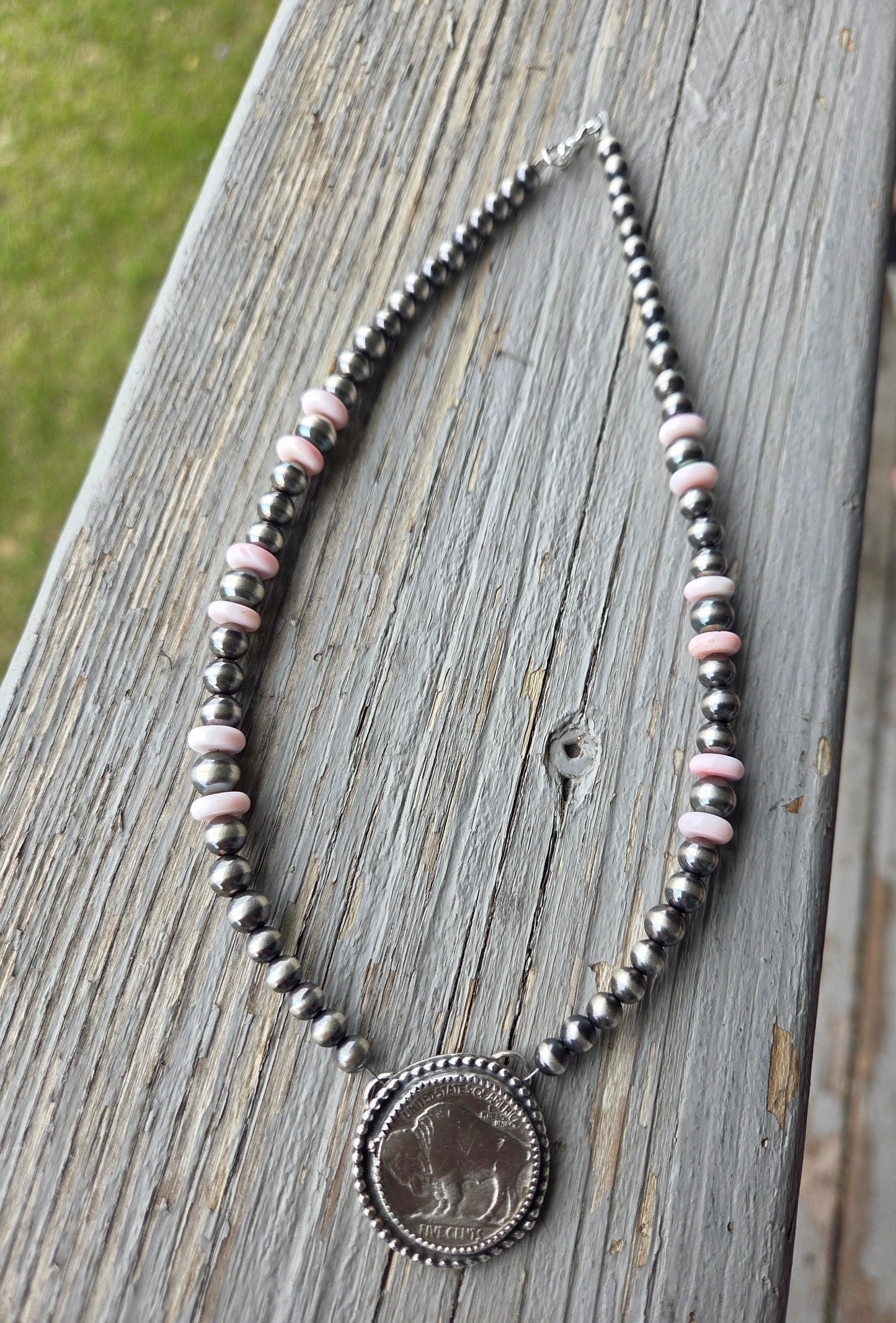 Buffalo Coin • Pink Conch • Sterling Silver Navajo Style Pearl