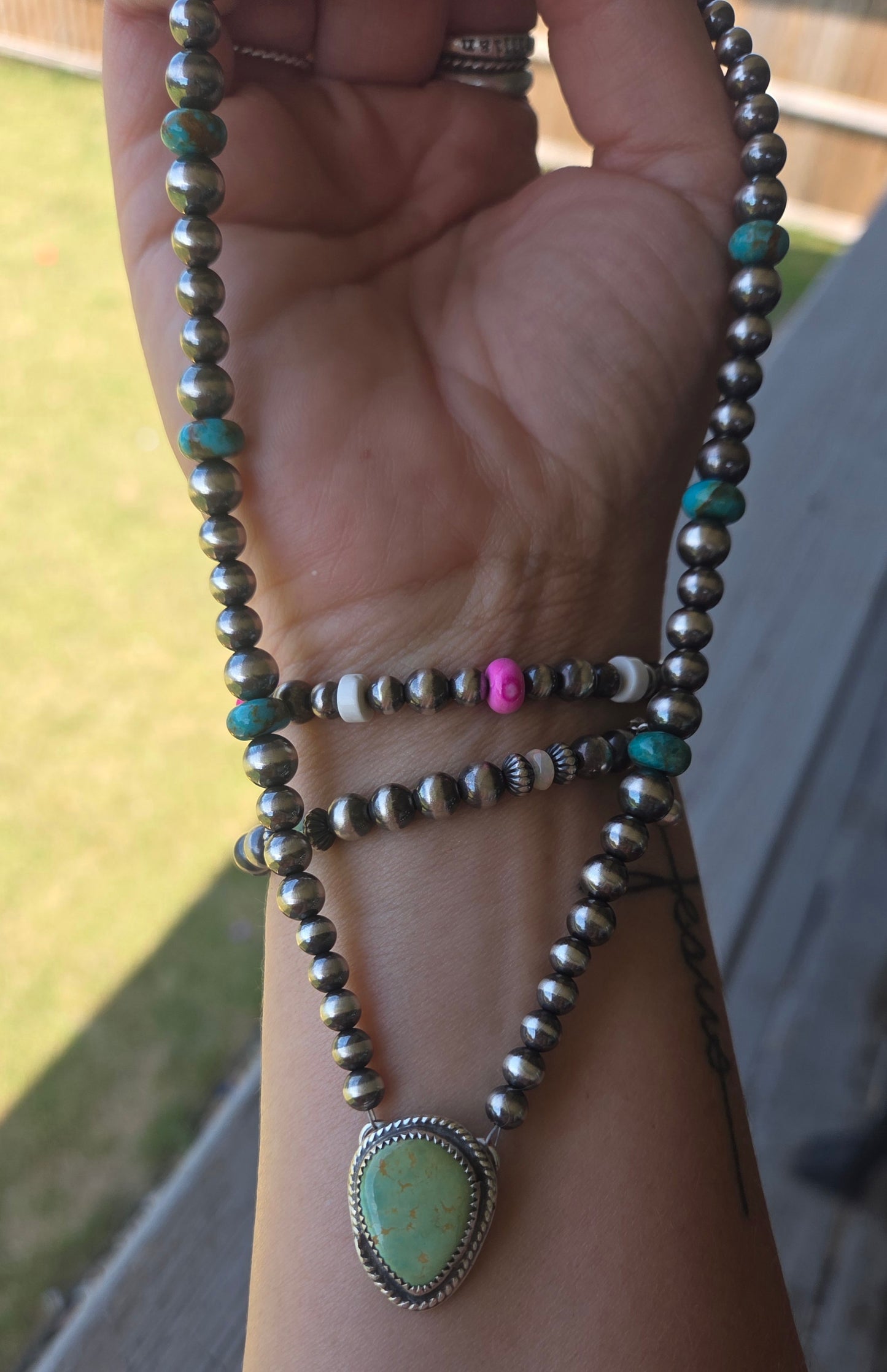 Evans Turquoise • Kingsmen Turquoise • Sterling Silver Navajo Style Pearls 16. 5 inches