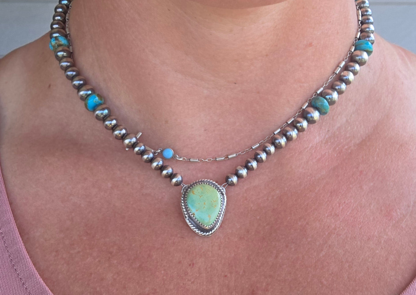 Evans Turquoise • Kingsmen Turquoise • Sterling Silver Navajo Style Pearls 16. 5 inches