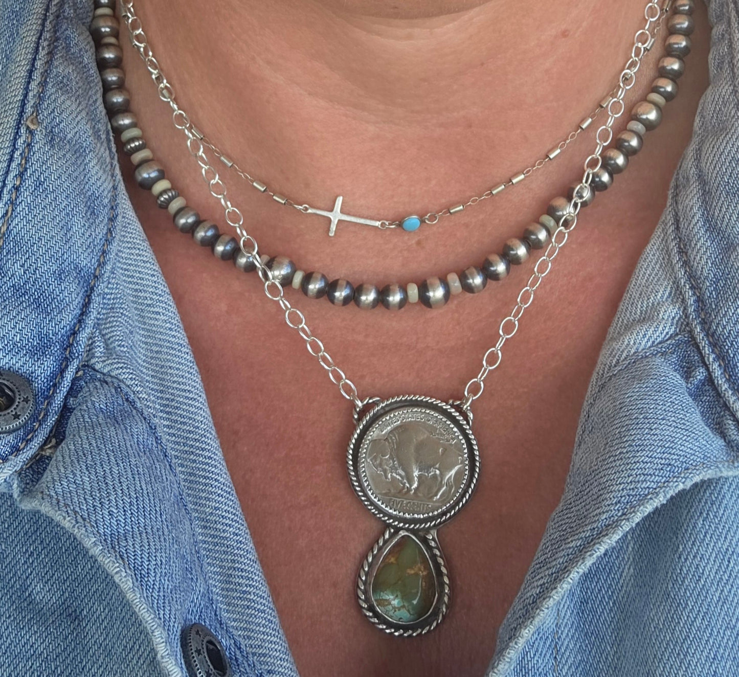 Buffalo Coin and Evans Turquoise 17 inches