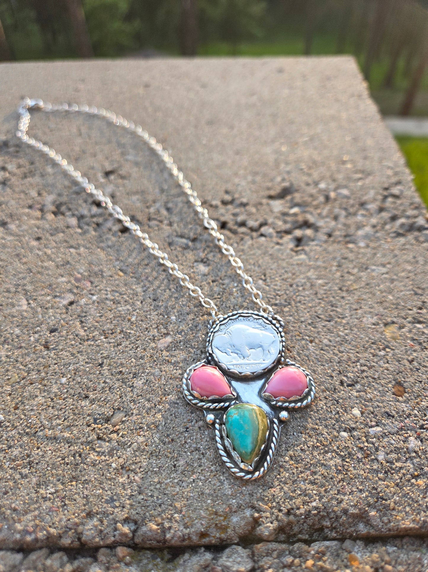 Buffalo Coin • Evans Turquoise•Pink Conch 20 inches