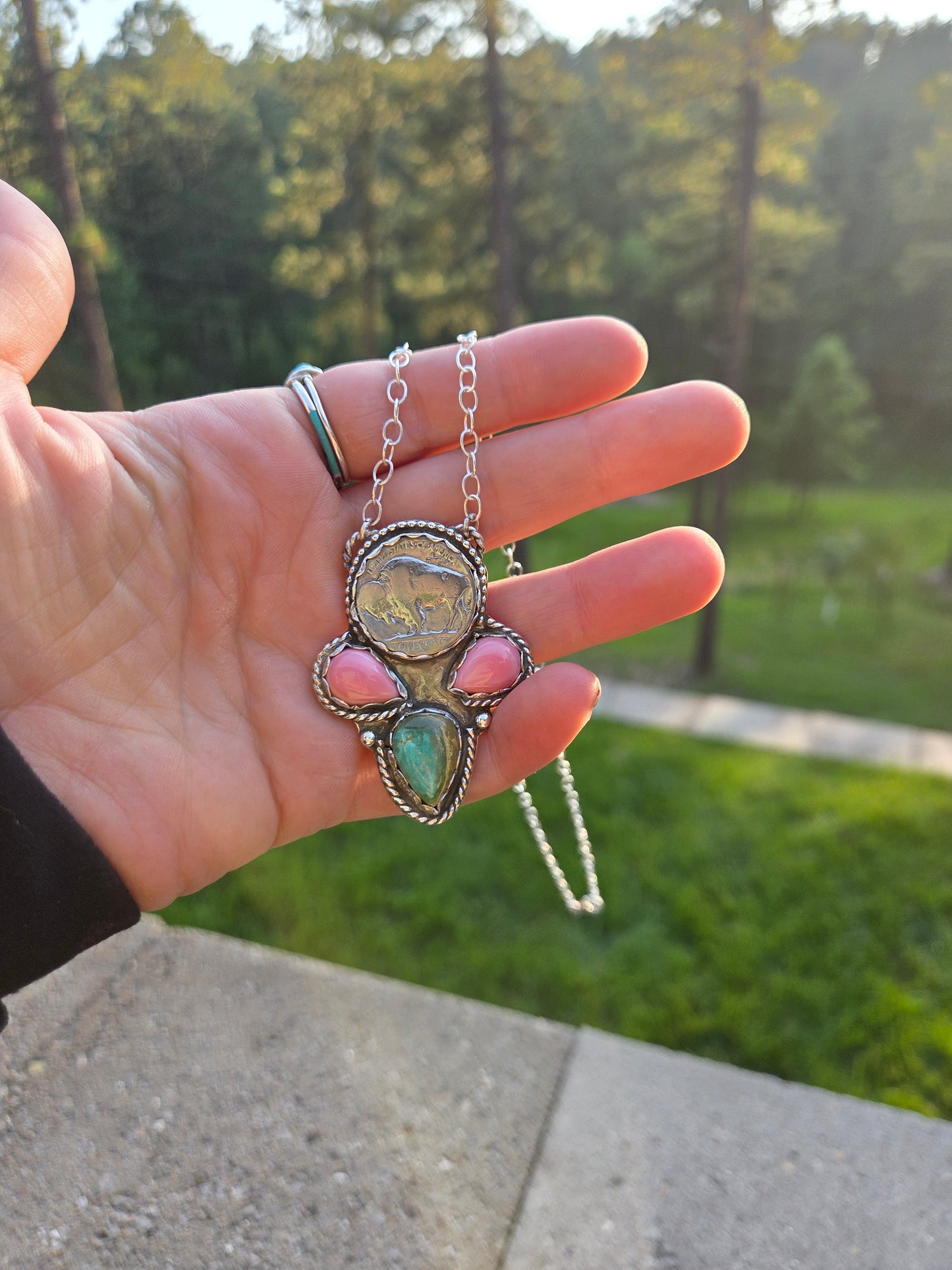 Buffalo Coin • Evans Turquoise•Pink Conch 20 inches