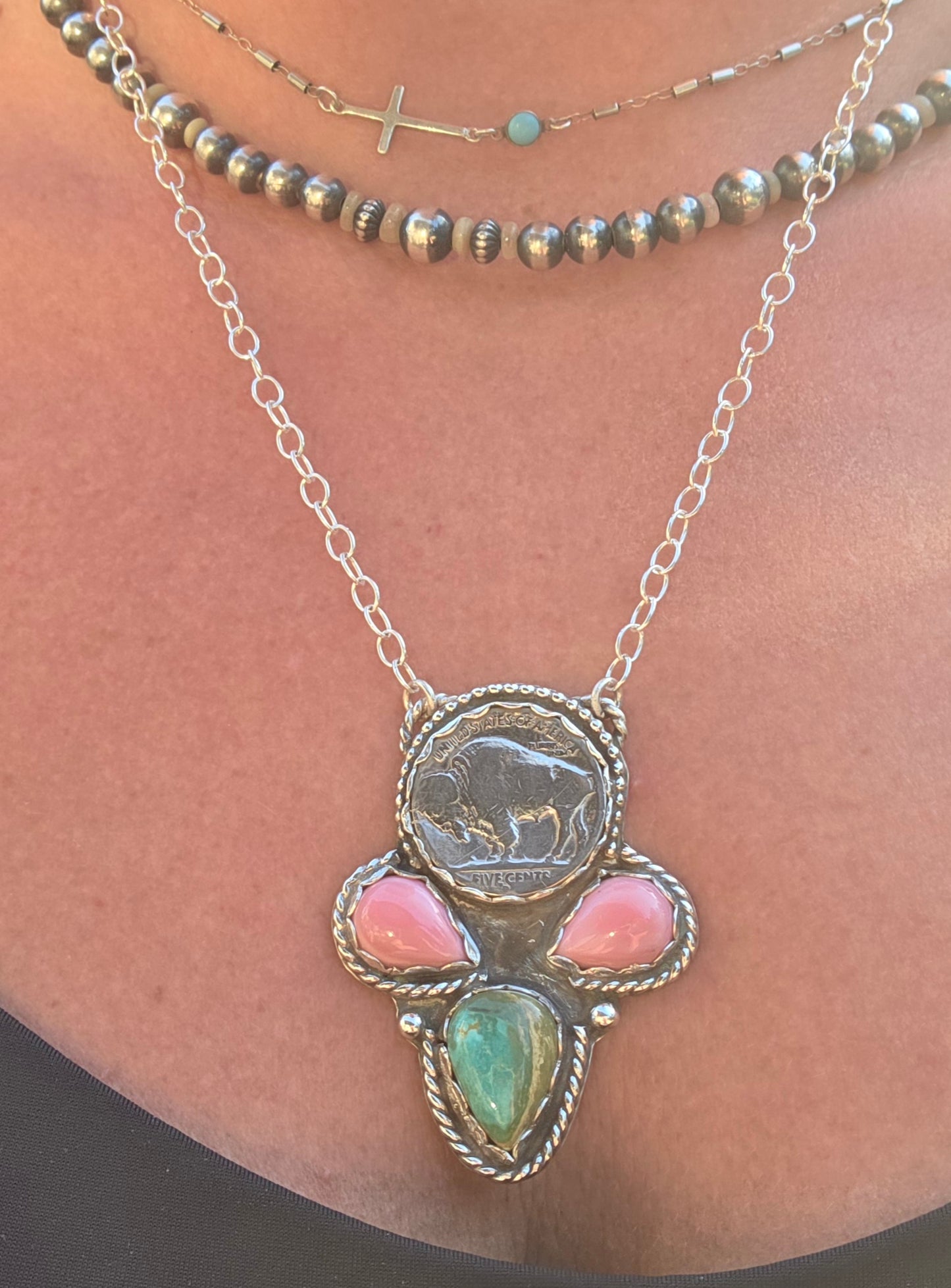 Buffalo Coin • Evans Turquoise•Pink Conch 20 inches