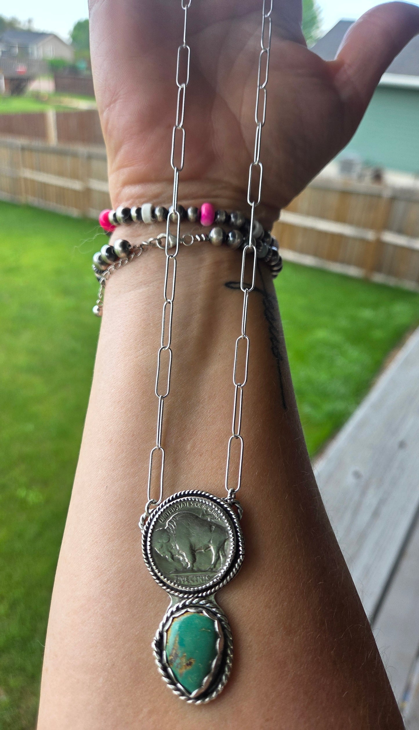 Buffalo Coin and Evans Turquoise 18 inches