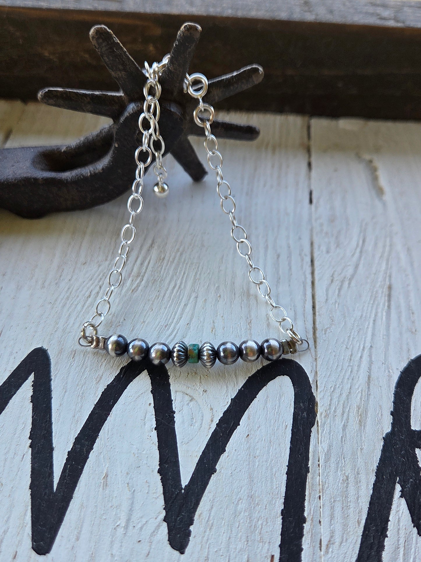 Sterling Silver Navajo Style Pearls • Turquoise •Sterling Silver Adjustable Chain