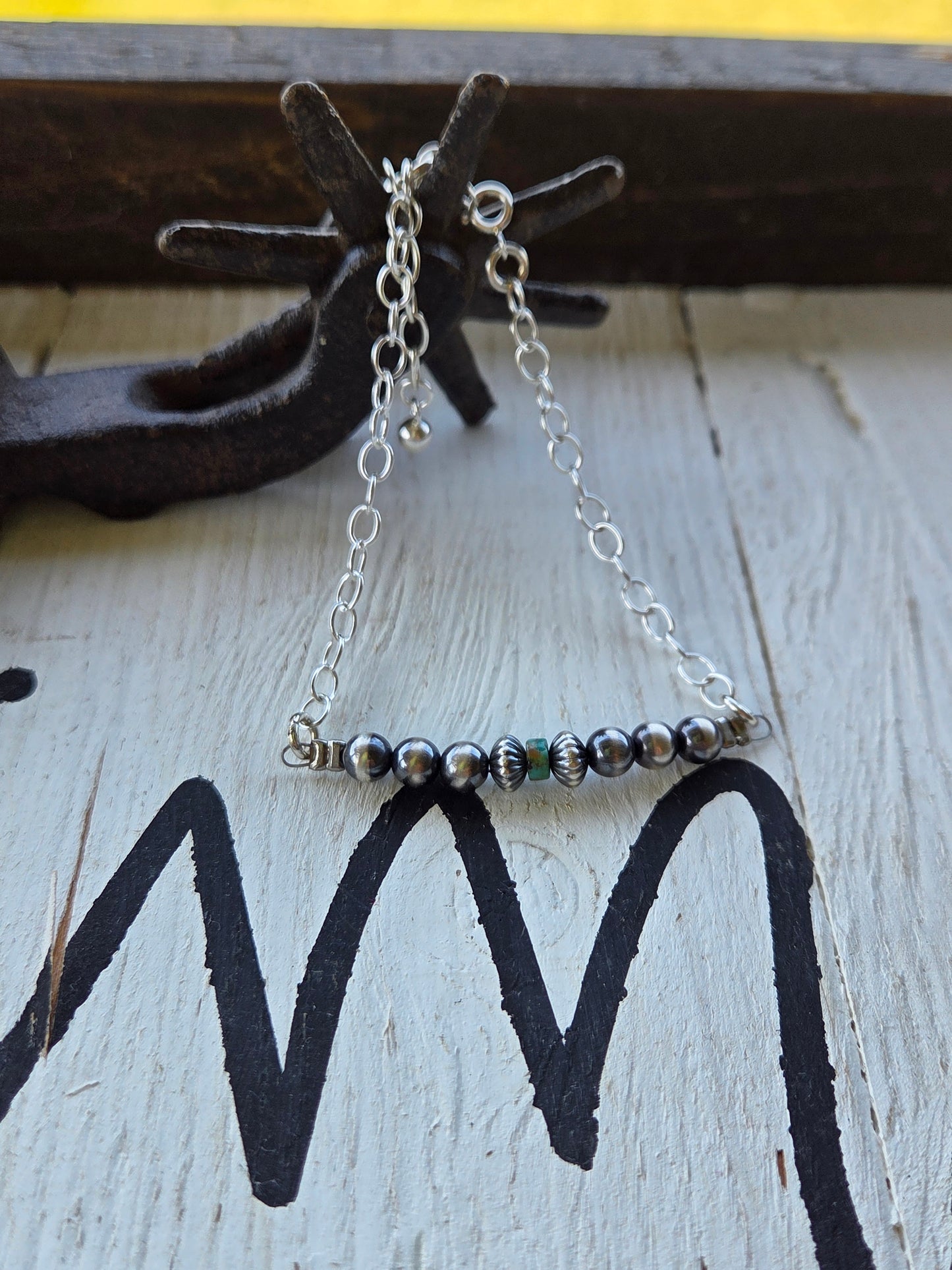 Sterling Silver Navajo Style Pearls • Turquoise •Sterling Silver Adjustable Chain