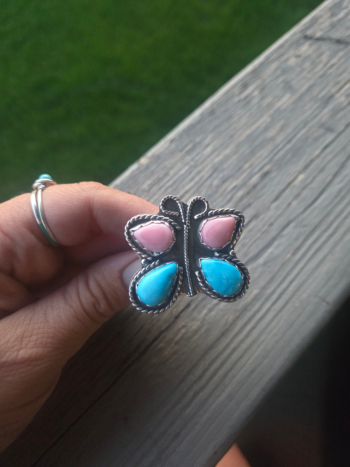 ButterFly Ring with Pink Conch & Kingsmen Turquoise Size 8