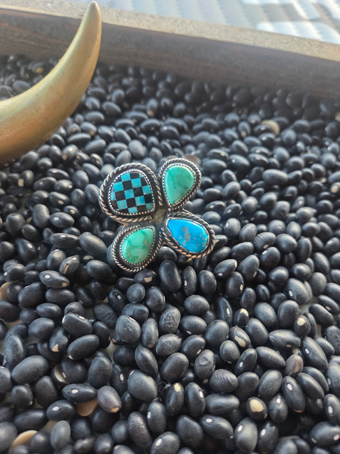 Blue Bird and Emerald Valley Turquoise & Checker Stone Size 8