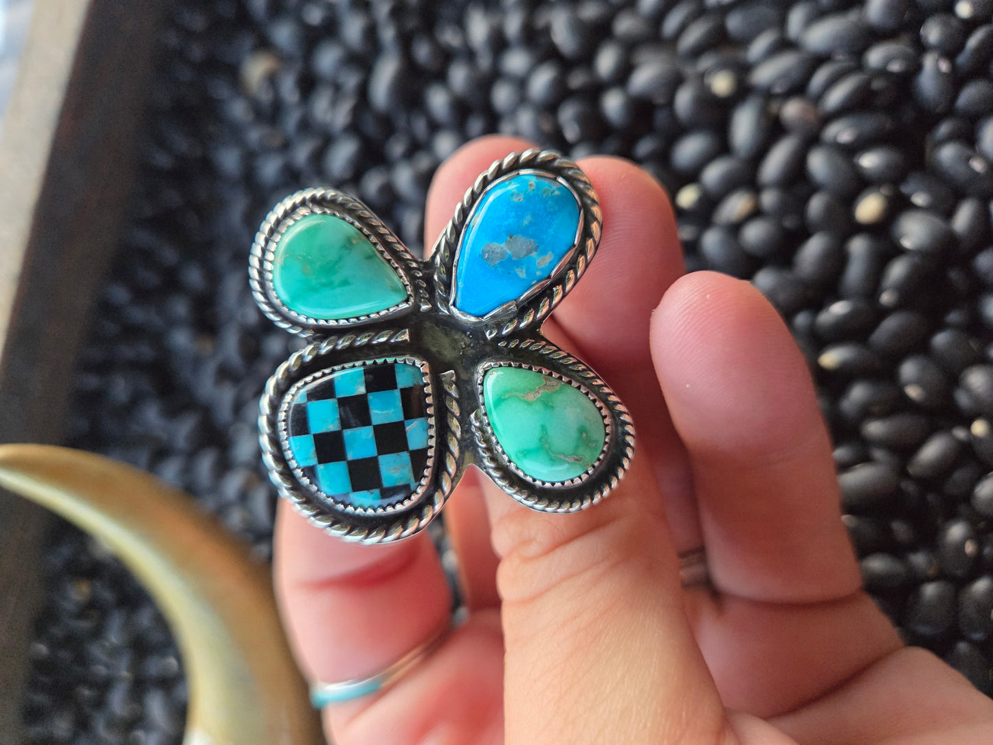 Blue Bird and Emerald Valley Turquoise & Checker Stone Size 8