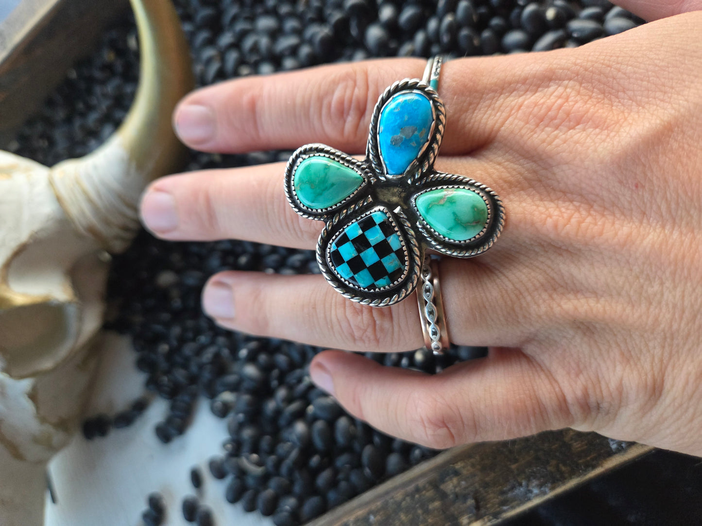 Blue Bird and Emerald Valley Turquoise & Checker Stone Size 8