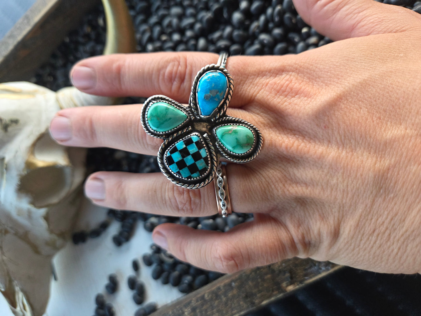 Blue Bird and Emerald Valley Turquoise & Checker Stone Size 8