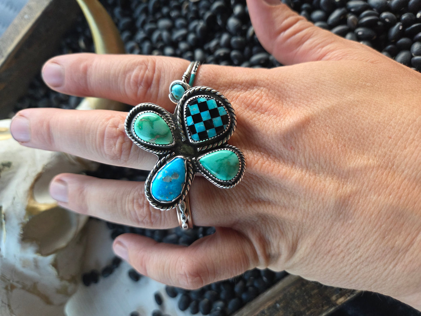 Blue Bird and Emerald Valley Turquoise & Checker Stone Size 8