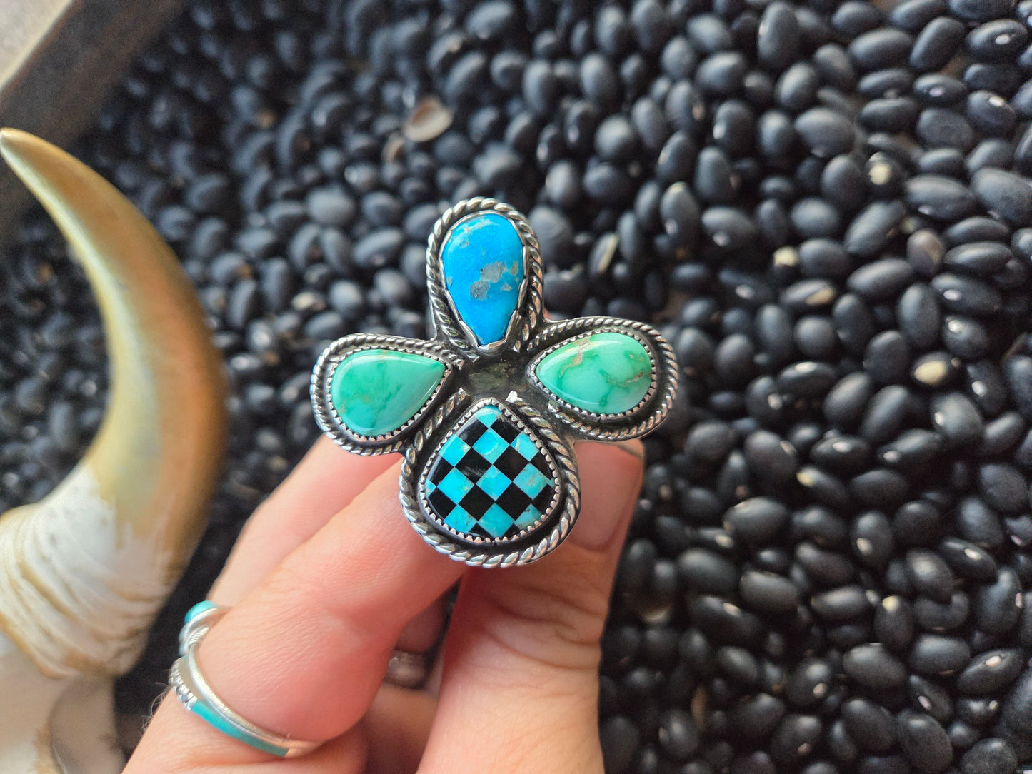 Blue Bird and Emerald Valley Turquoise & Checker Stone Size 8