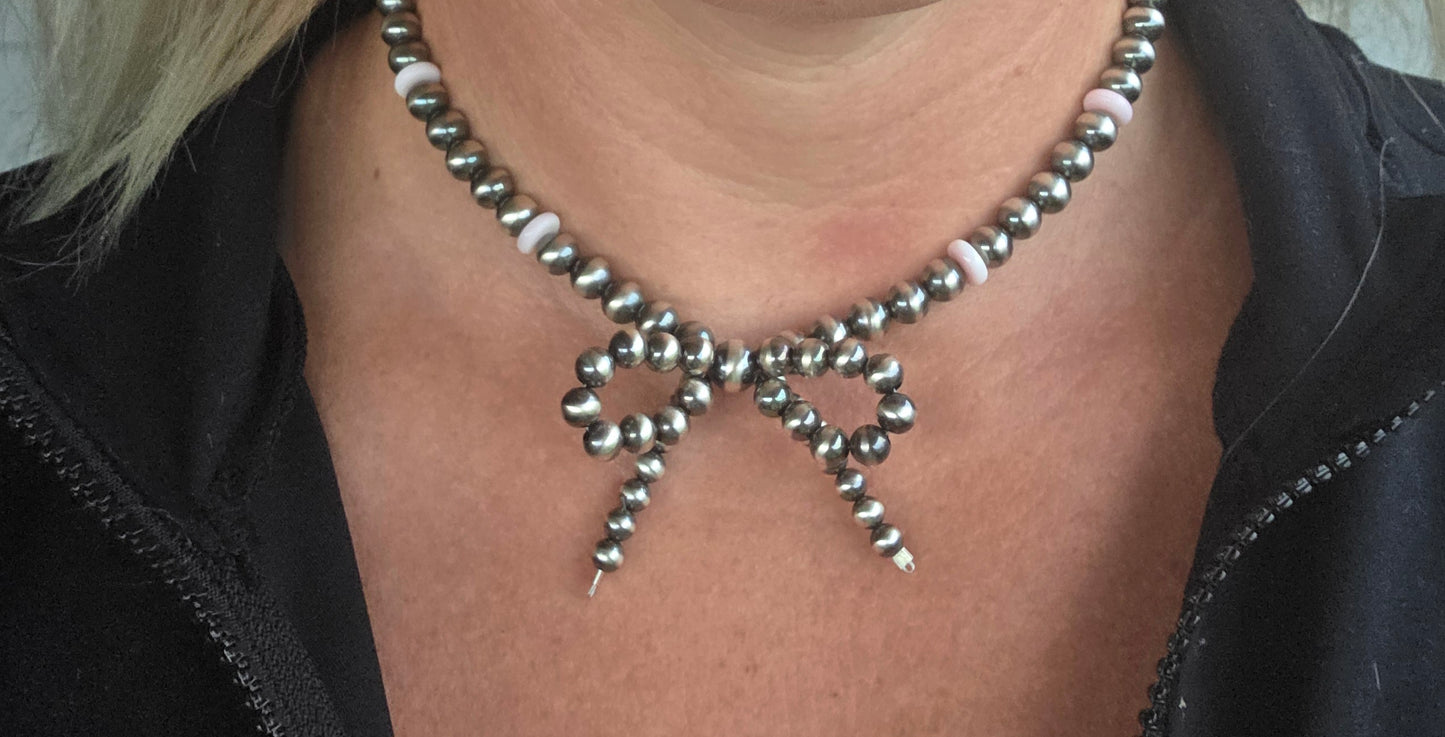 Bow Sterling Silver Navajo Style Pearls • Pink Conch.  16 inches