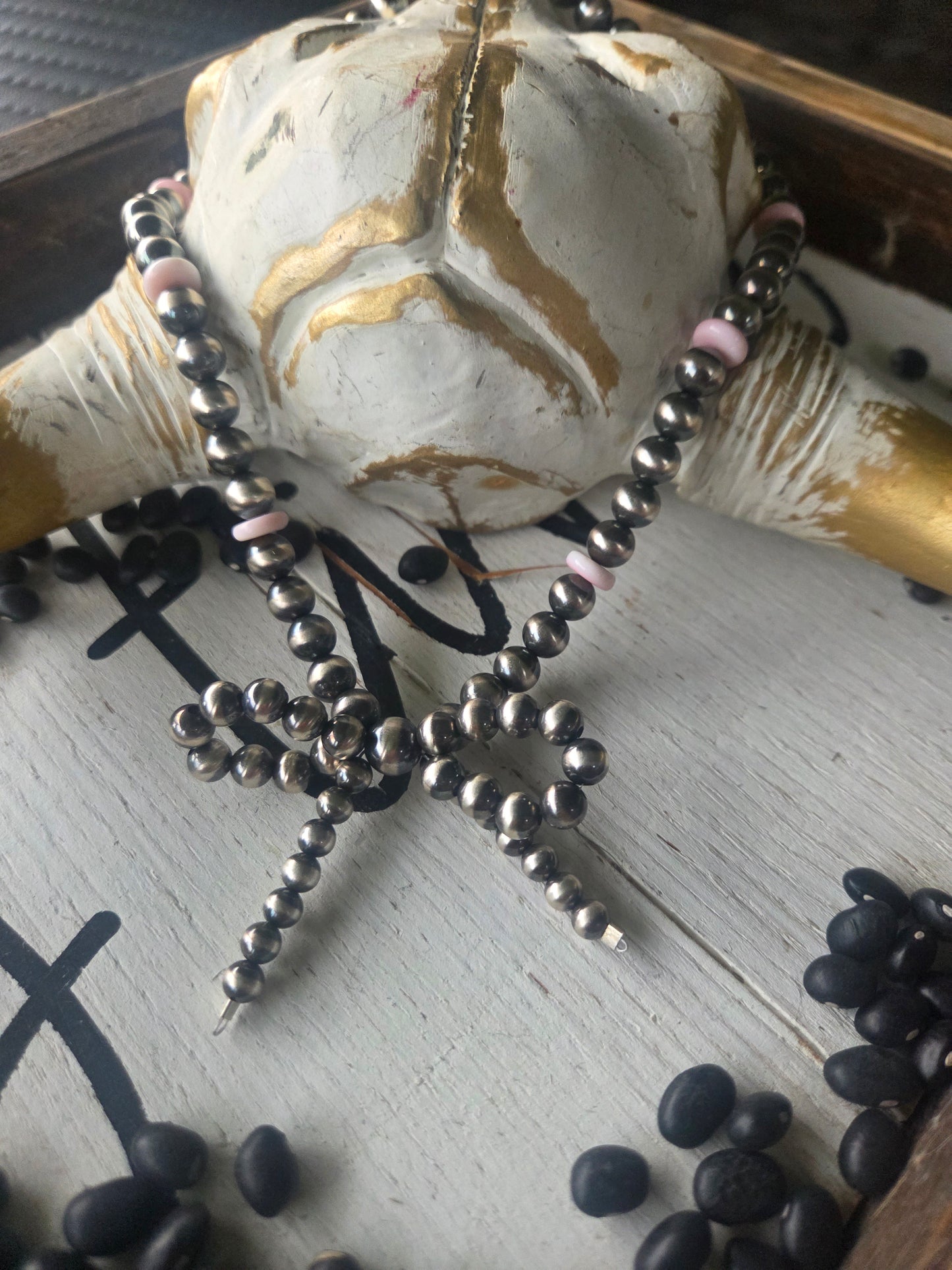 Bow Sterling Silver Navajo Style Pearls • Pink Conch.  16 inches