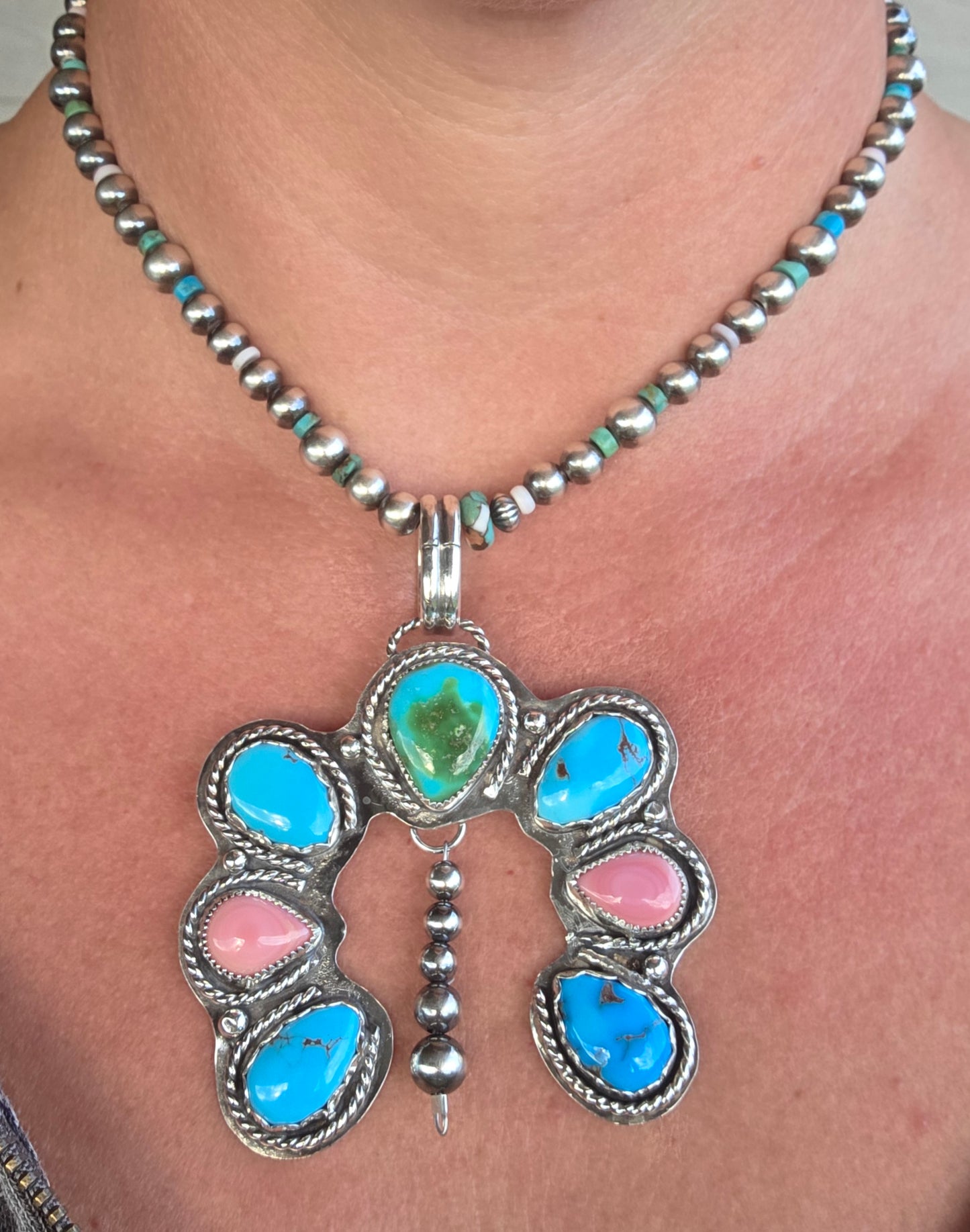 Sonoran & Egyptian Turquoise, Pink Conch Pendant.