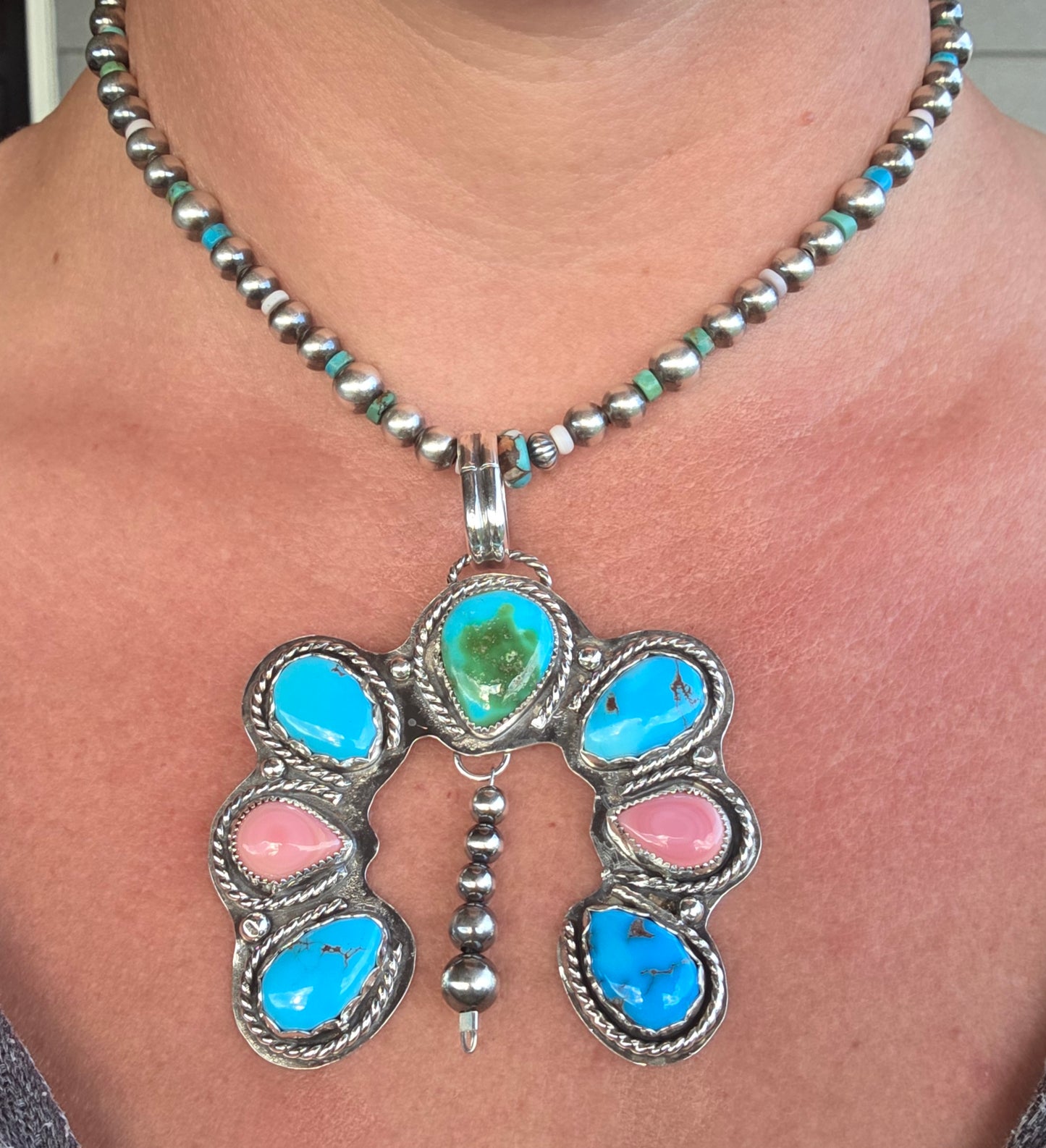 Sonoran & Egyptian Turquoise, Pink Conch Pendant.