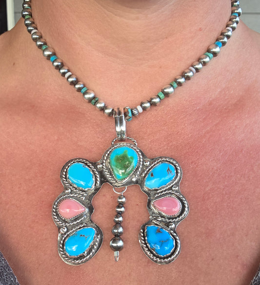 Sonoran & Egyptian Turquoise, Pink Conch Pendant.