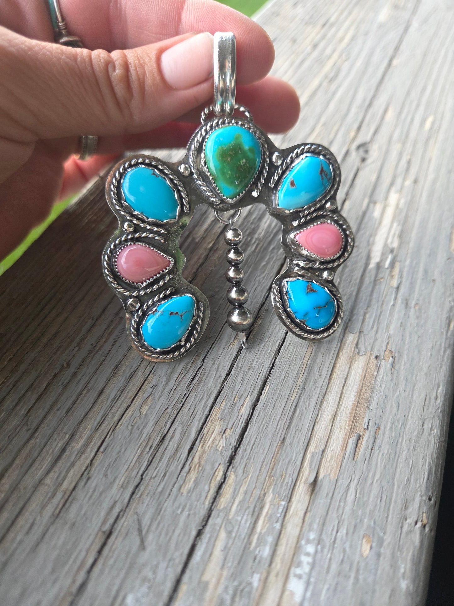 Sonoran & Egyptian Turquoise, Pink Conch Pendant.