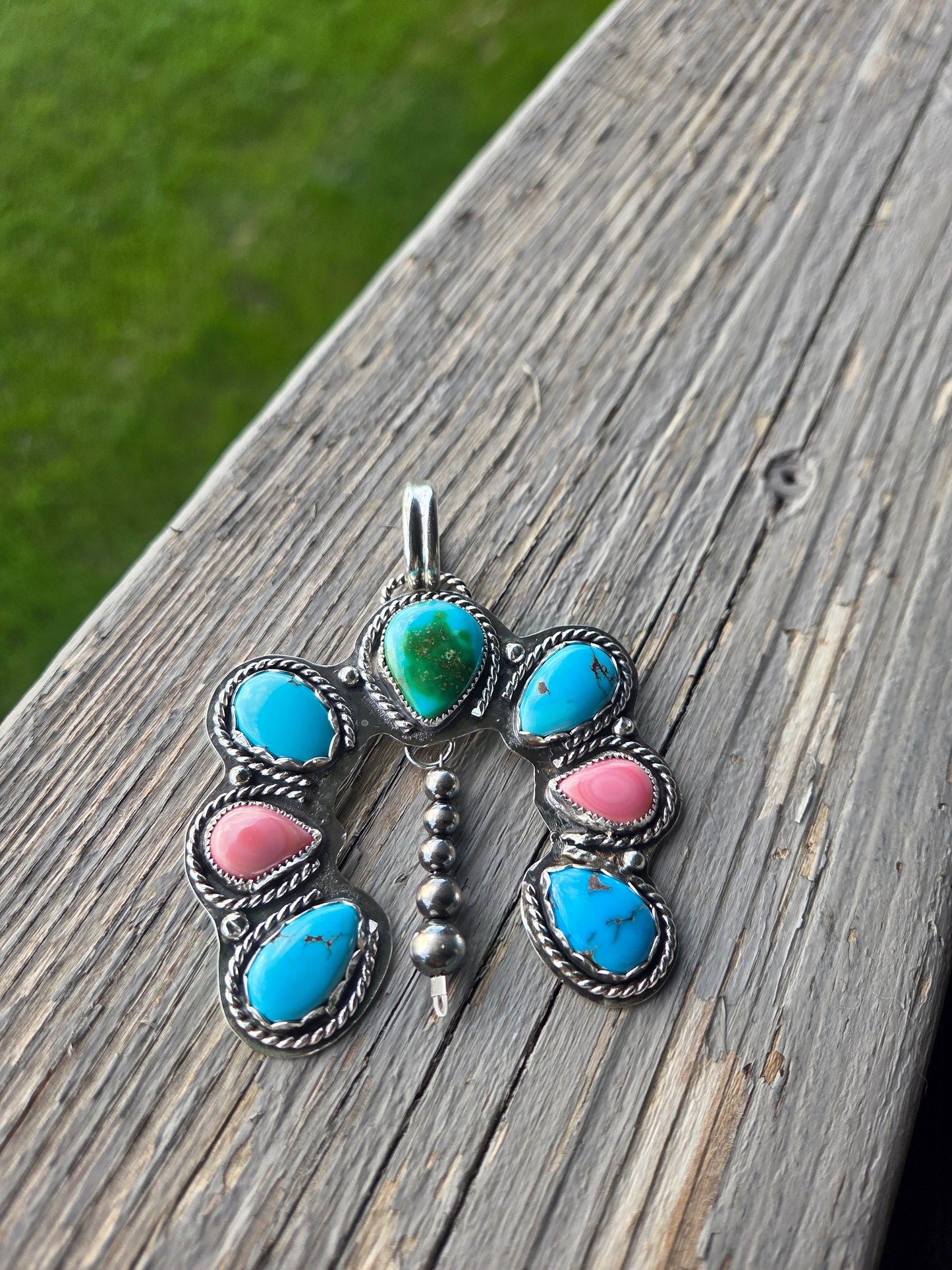 Sonoran & Egyptian Turquoise, Pink Conch Pendant.