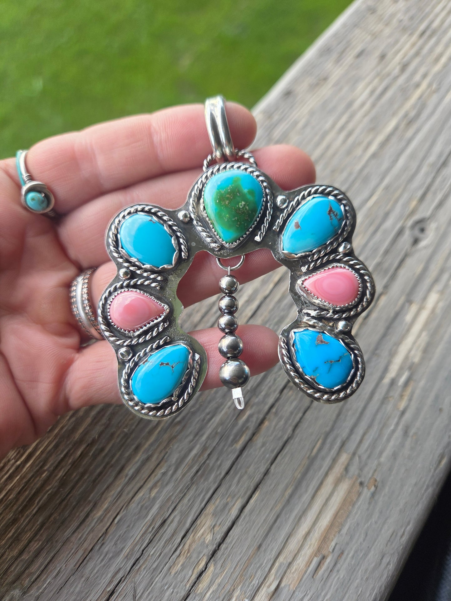 Sonoran & Egyptian Turquoise, Pink Conch Pendant.
