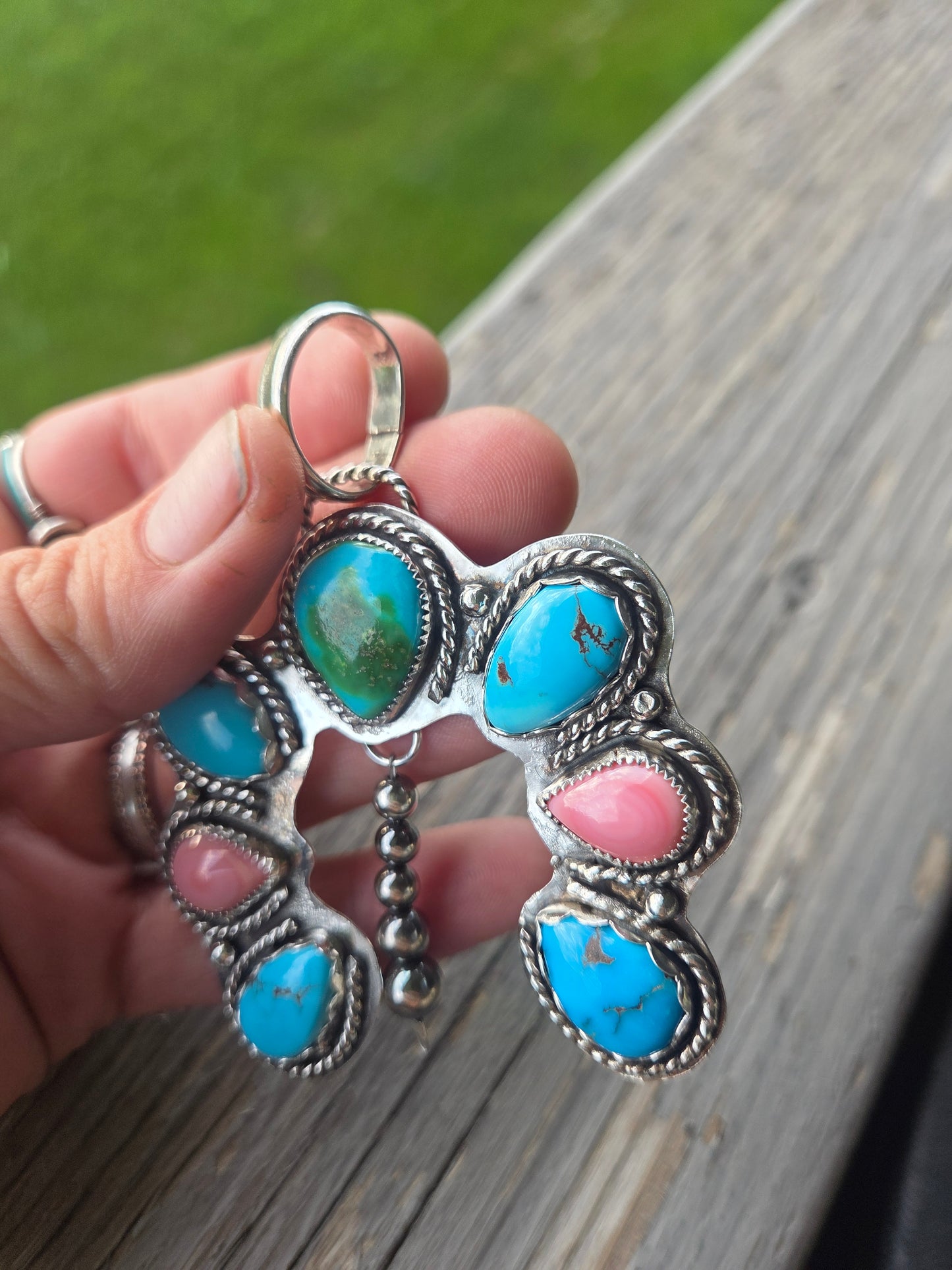 Sonoran & Egyptian Turquoise, Pink Conch Pendant.