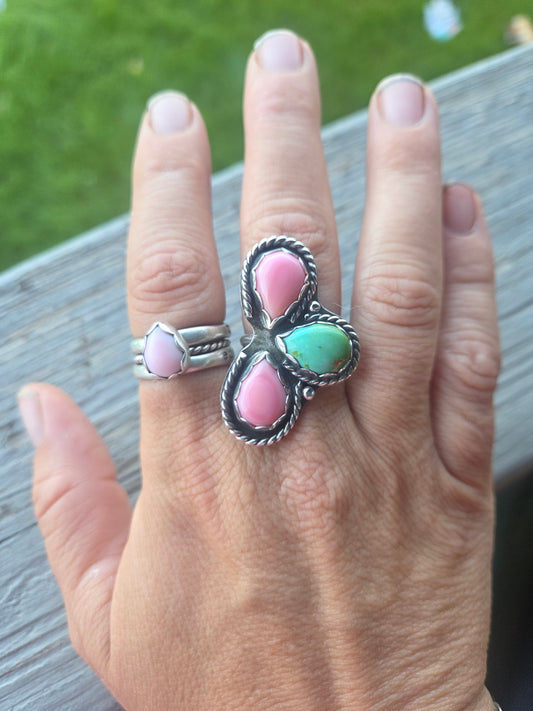3 Stone • Pink Conch• Sonoran Turquoise Size 8
