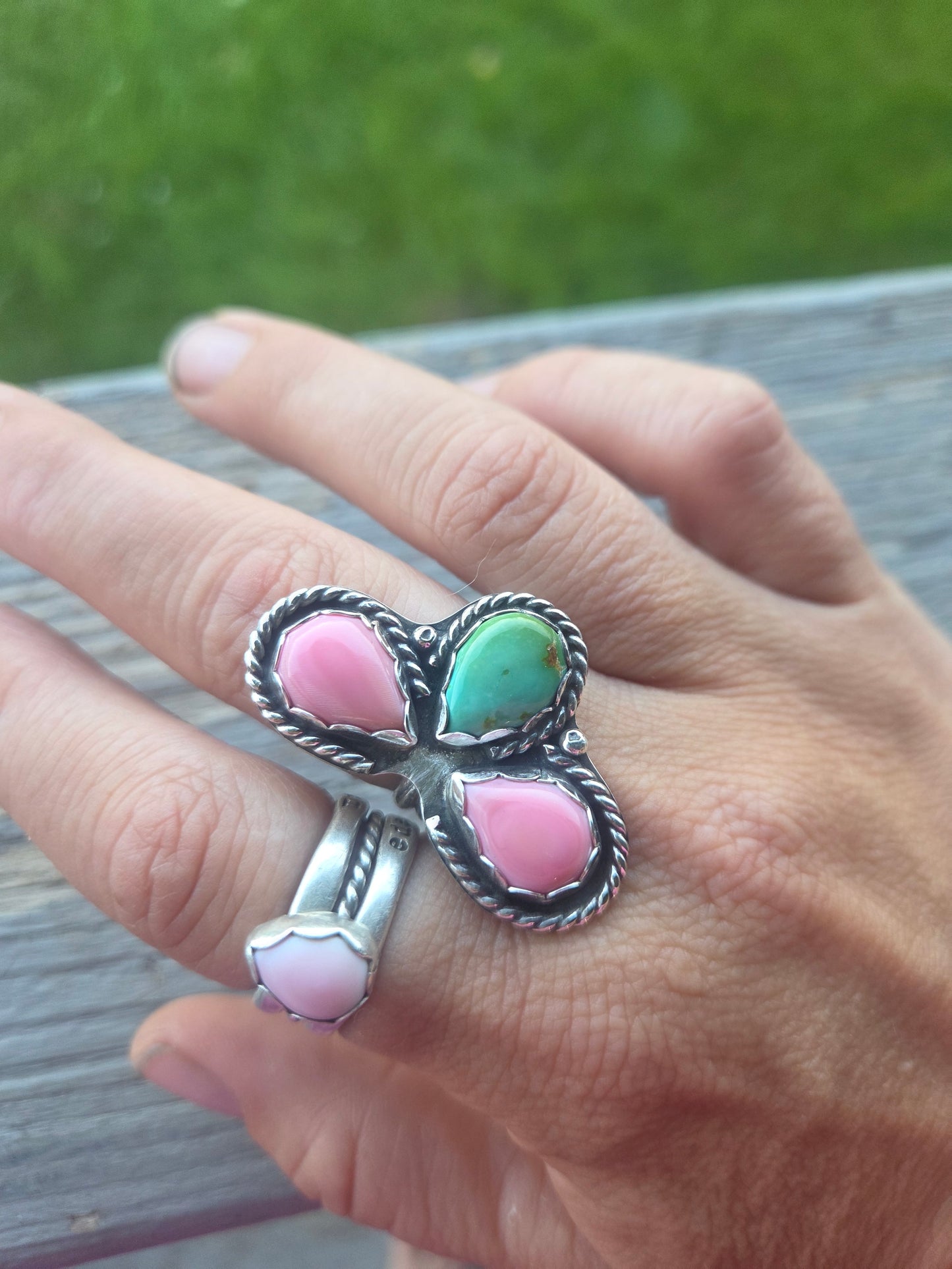 3 Stone • Pink Conch• Sonoran Turquoise Size 8