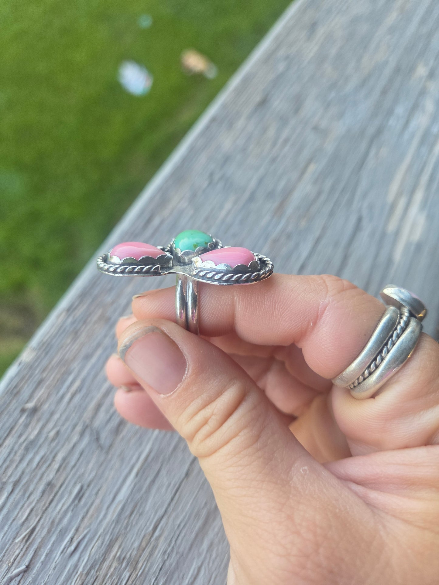 3 Stone • Pink Conch• Sonoran Turquoise Size 8