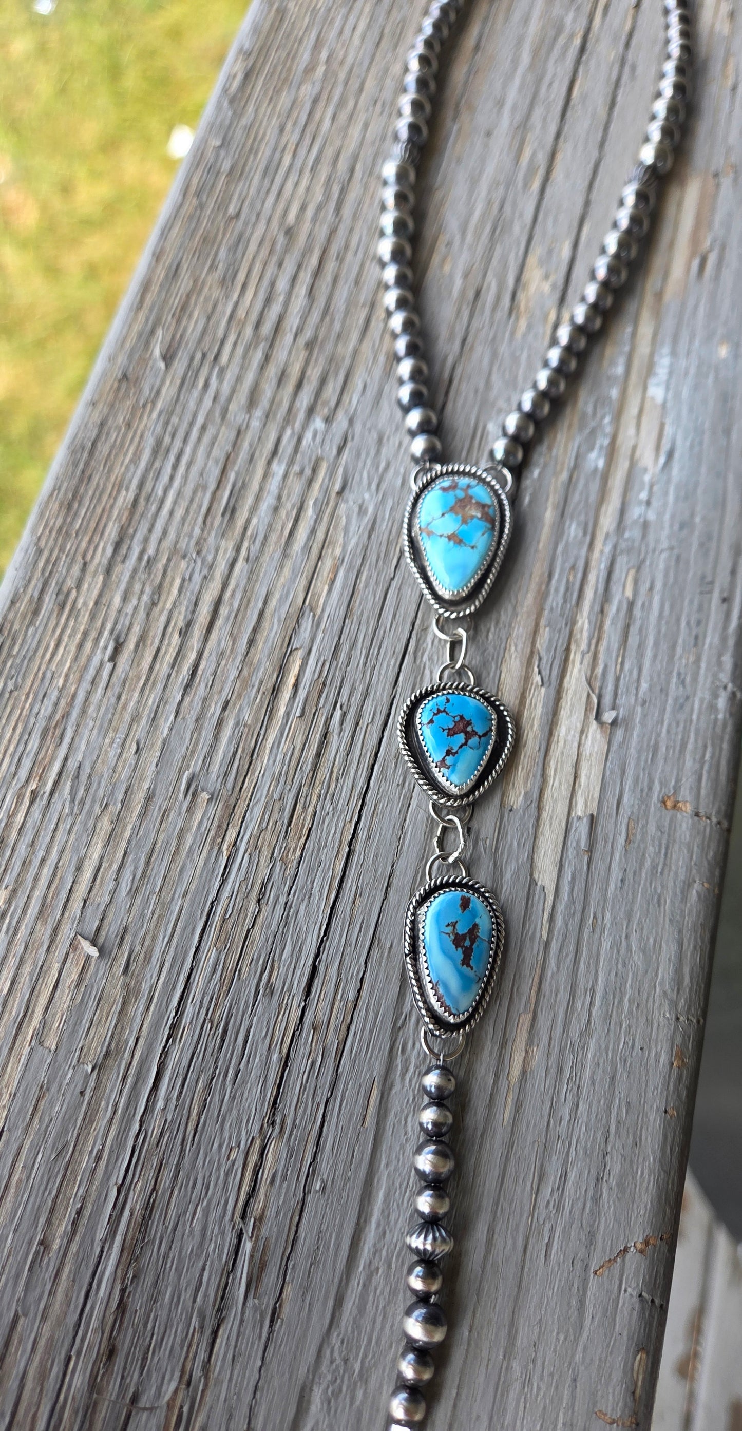 Choker Lariet Golden Hill Turquoise & Sterling Silver Navajo Style Pearl • 15 inches with 6 inch drop
