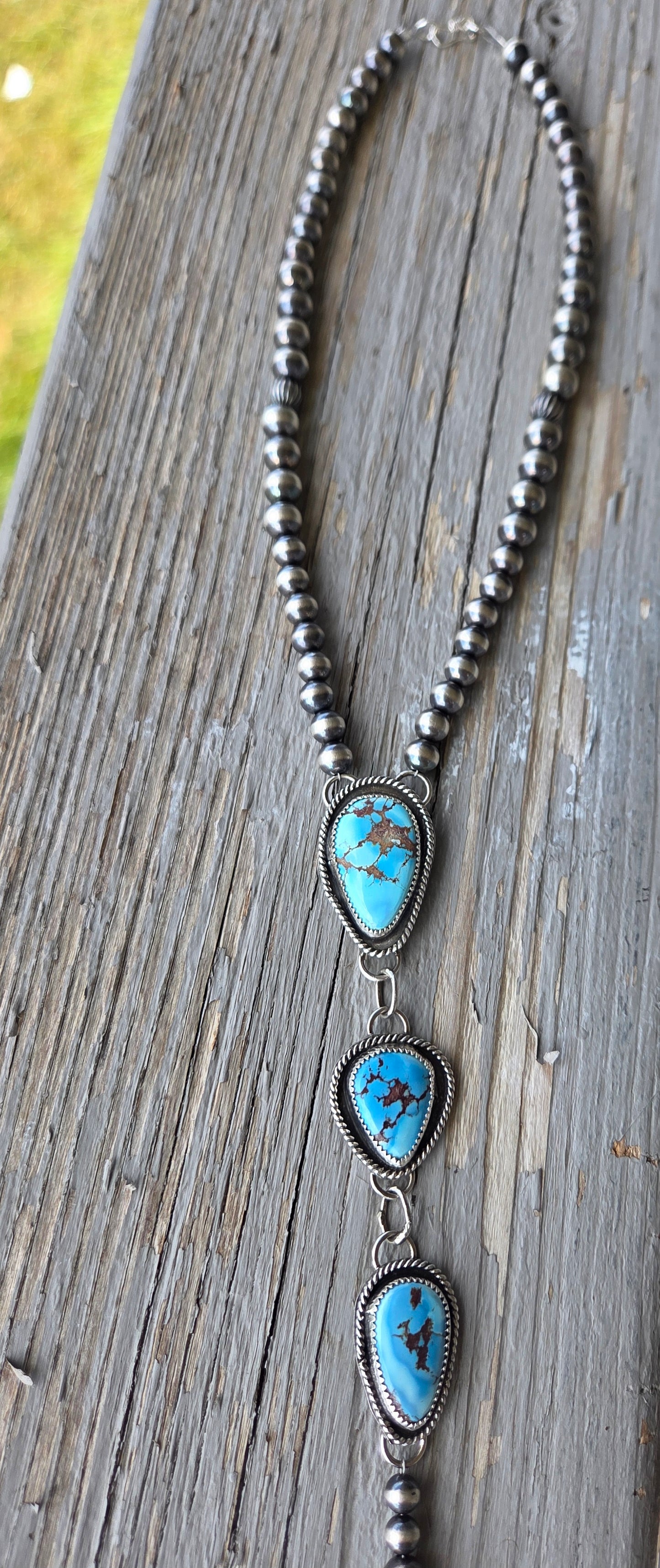 Choker Lariet Golden Hill Turquoise & Sterling Silver Navajo Style Pearl • 15 inches with 6 inch drop