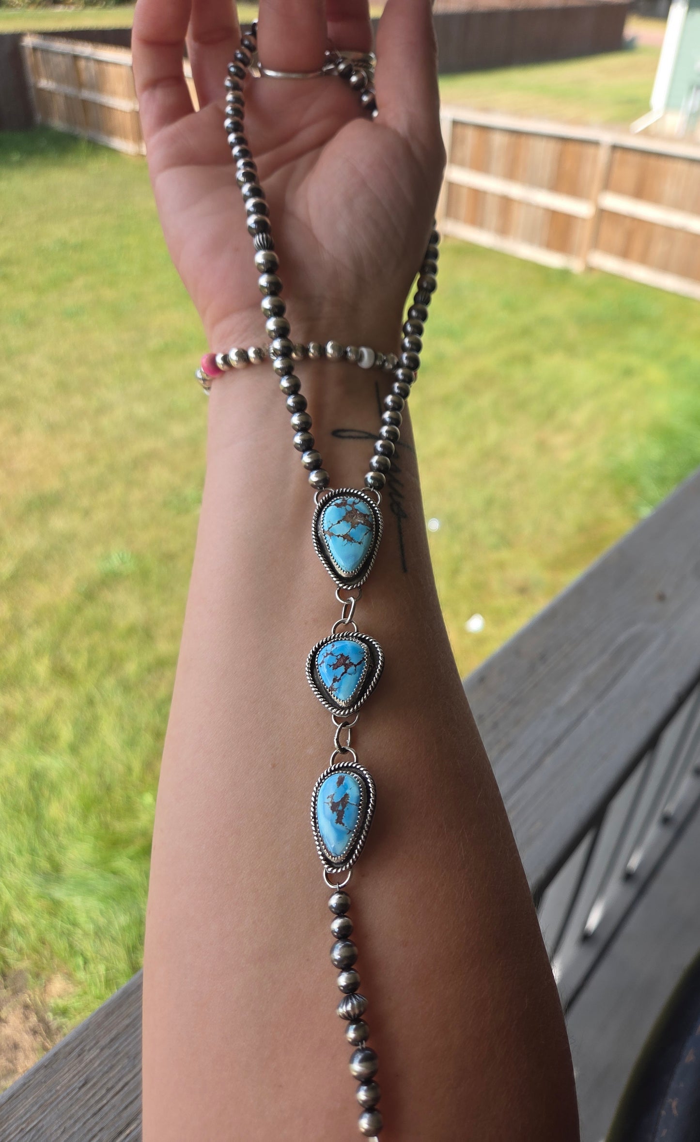 Choker Lariet Golden Hill Turquoise & Sterling Silver Navajo Style Pearl • 15 inches with 6 inch drop