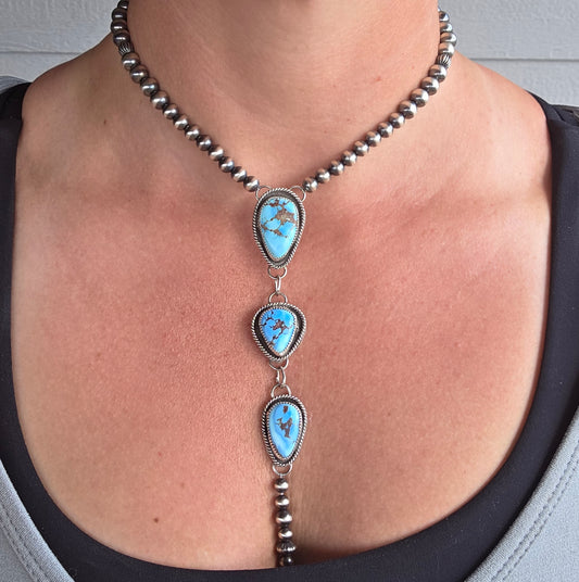 Choker Lariet Golden Hill Turquoise & Sterling Silver Navajo Style Pearl • 15 inches with 6 inch drop
