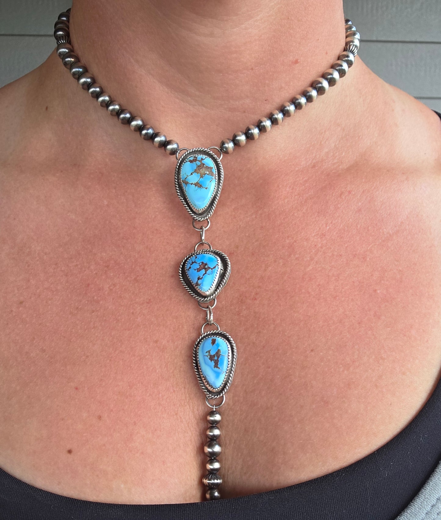 Choker Lariet Golden Hill Turquoise & Sterling Silver Navajo Style Pearl • 15 inches with 6 inch drop