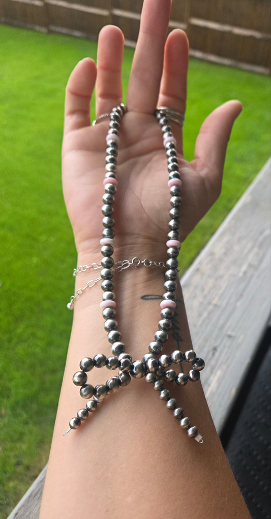 Bow Sterling Silver Navajo Style Pearls • Pink Conch.  16 inches