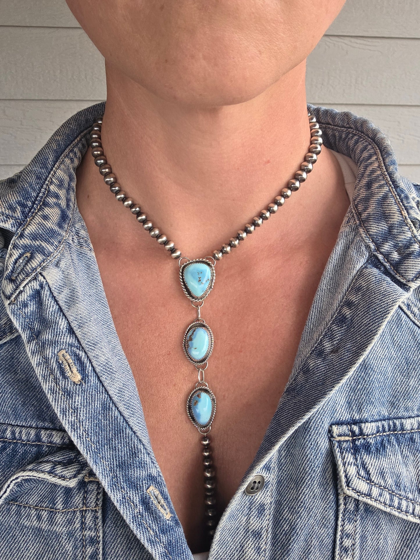 Choker Lariet Golden Hill Turquoise & Sterling Silver Navajo Style Pearl • 15.5 inches with 6 inch drop