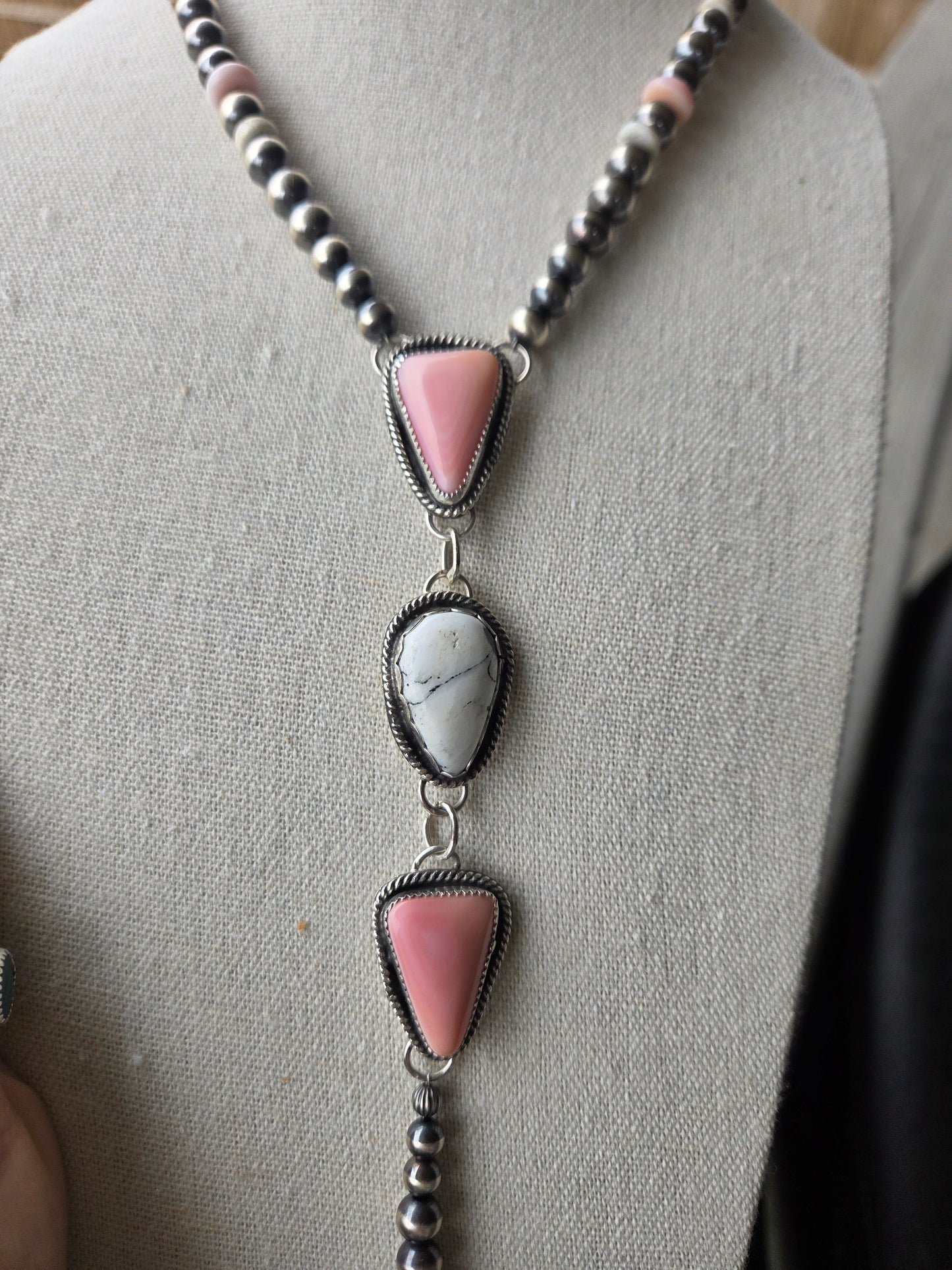 Pink Conch & White Buffalo Sterling Silver Navajo Style Pearls, White Buffalo, & Pink Conch 16 inches. 6 inch drop