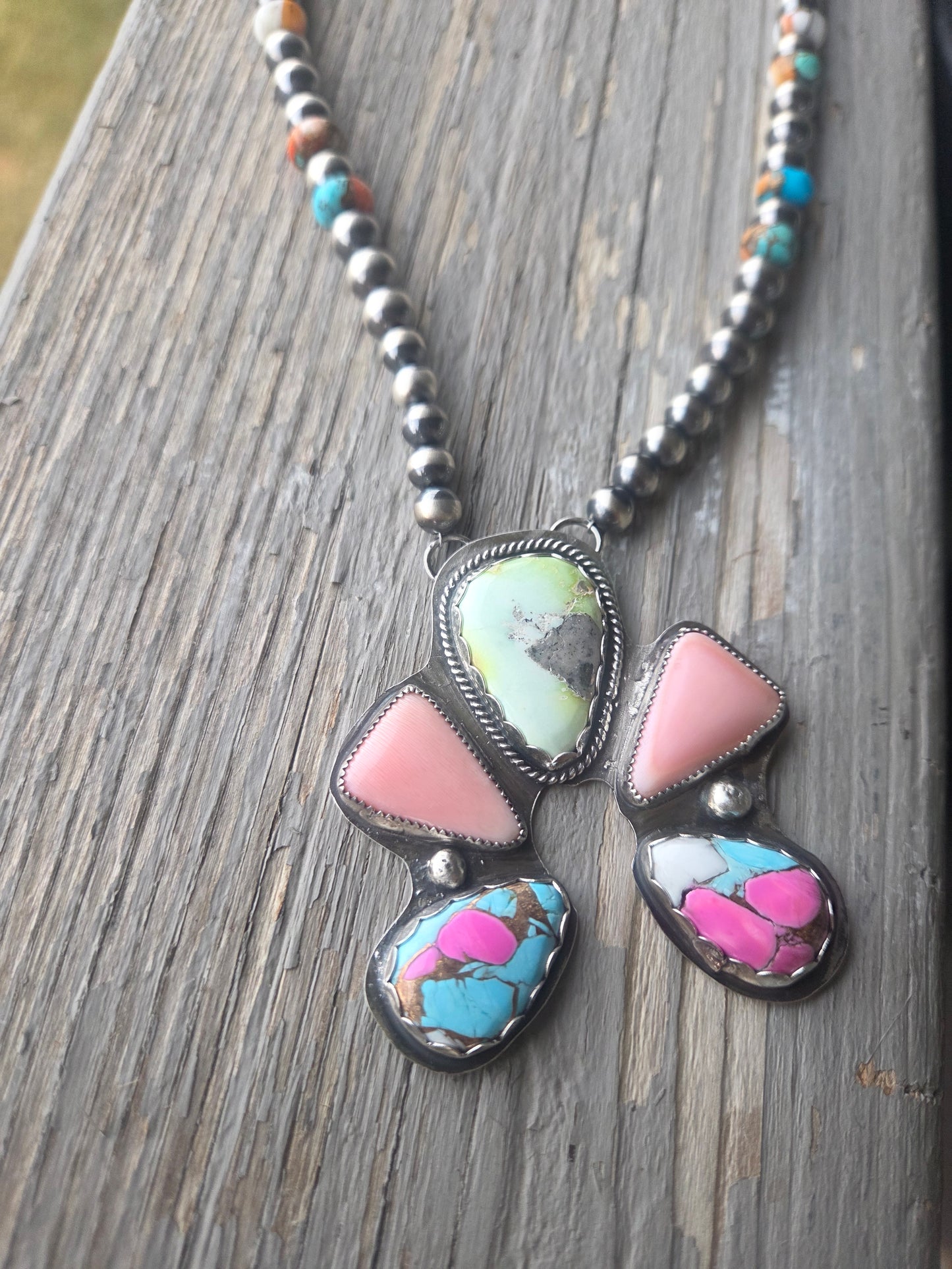 Palomino, Pink Conch, CottonCandy, Sterling Silver Navajo Style Pearls & Spiny Oyster Kingsmen Turquoise. 16 inches