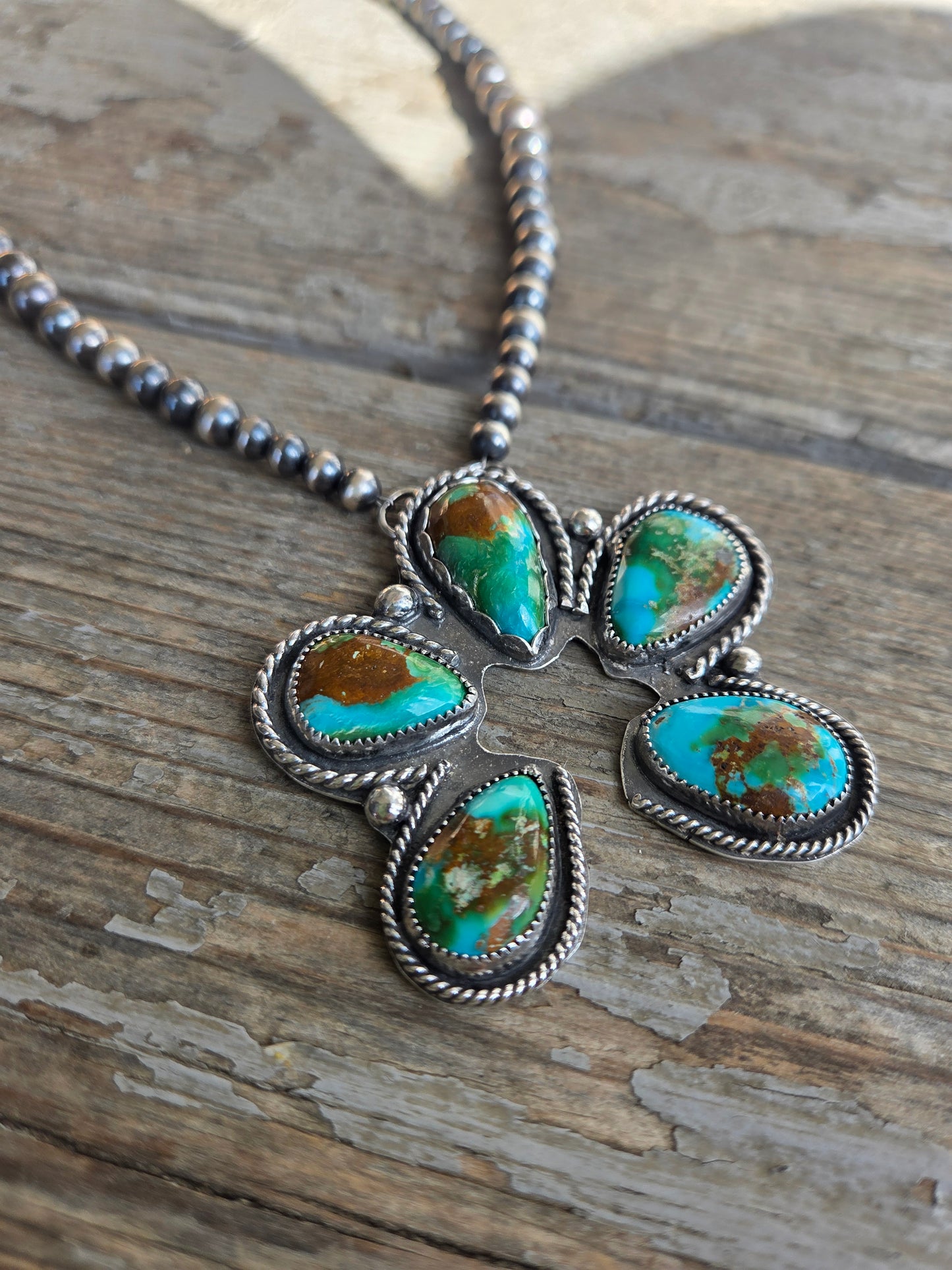 Sonoran Turquoise & Sterling Silver Navajo Style Pearls. 16 inches