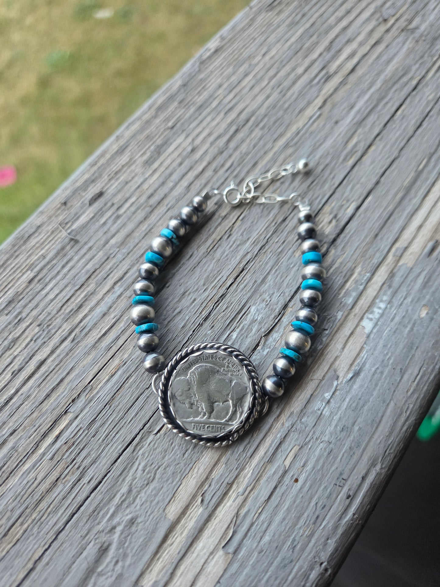 Buffalo Coin•Sterling Silver Navajo Style Pearl • Turquoise Sterling Silver Adjustable clasp.  fits size 6.25-8