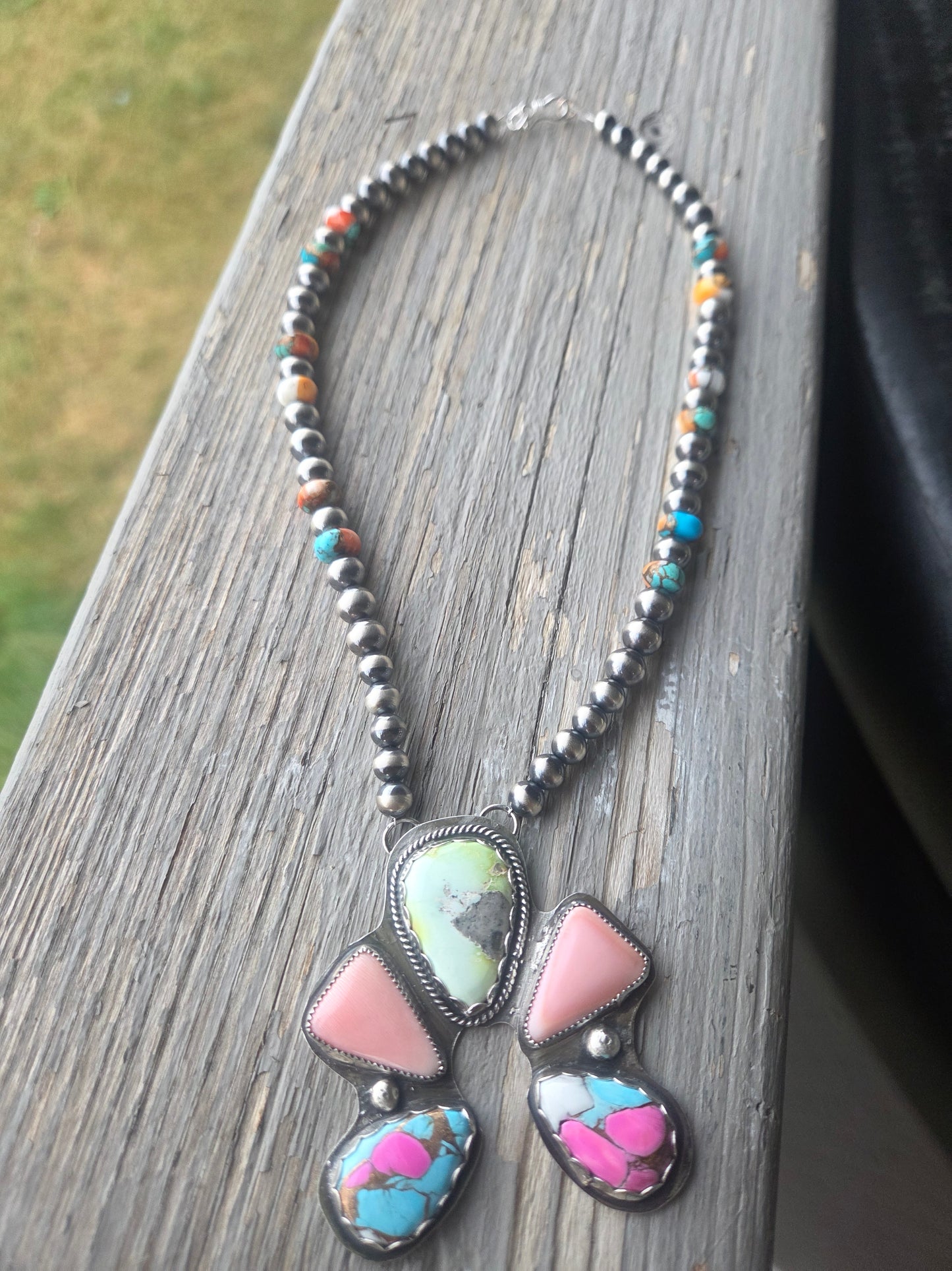 Palomino, Pink Conch, CottonCandy, Sterling Silver Navajo Style Pearls & Spiny Oyster Kingsmen Turquoise. 16 inches