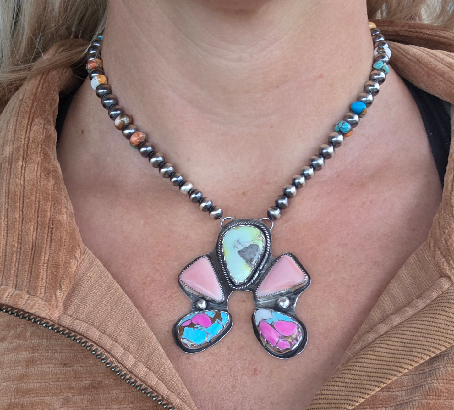 Palomino, Pink Conch, CottonCandy, Sterling Silver Navajo Style Pearls & Spiny Oyster Kingsmen Turquoise. 16 inches