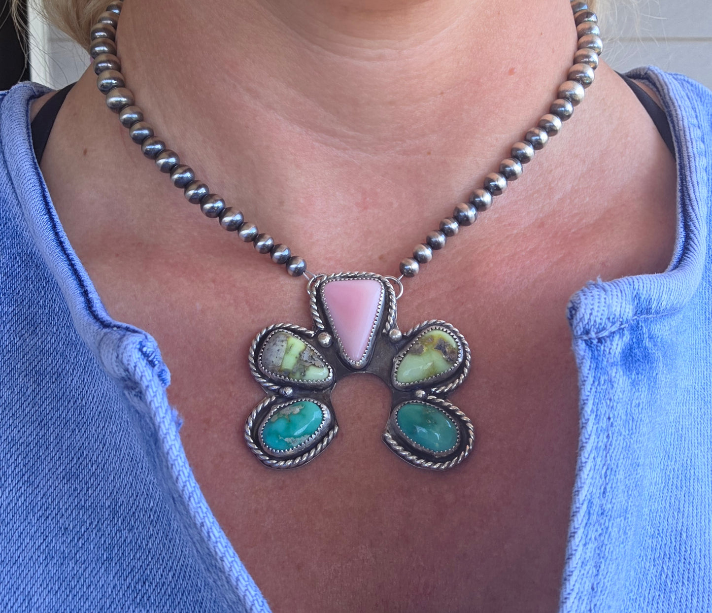 Palomino, Pink Conch, Emerald Valley Turquoise, Sterling Silver Navajo Style Pearls. 16 inches